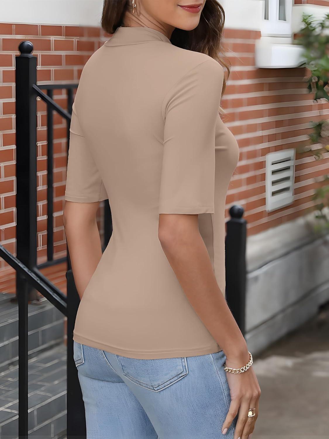 imageANRABESS Women Tops Mock Neck 12 Short Sleeve Slim Fit Basic Tee Shirts Dressy Work Business 2025 Summer Fall Casual OutfitsLight Khaki