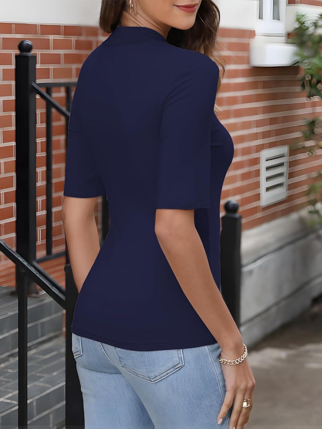 imageANRABESS Women Tops Mock Neck 12 Short Sleeve Slim Fit Basic Tee Shirts Dressy Work Business 2025 Summer Fall Casual OutfitsNavy Blue