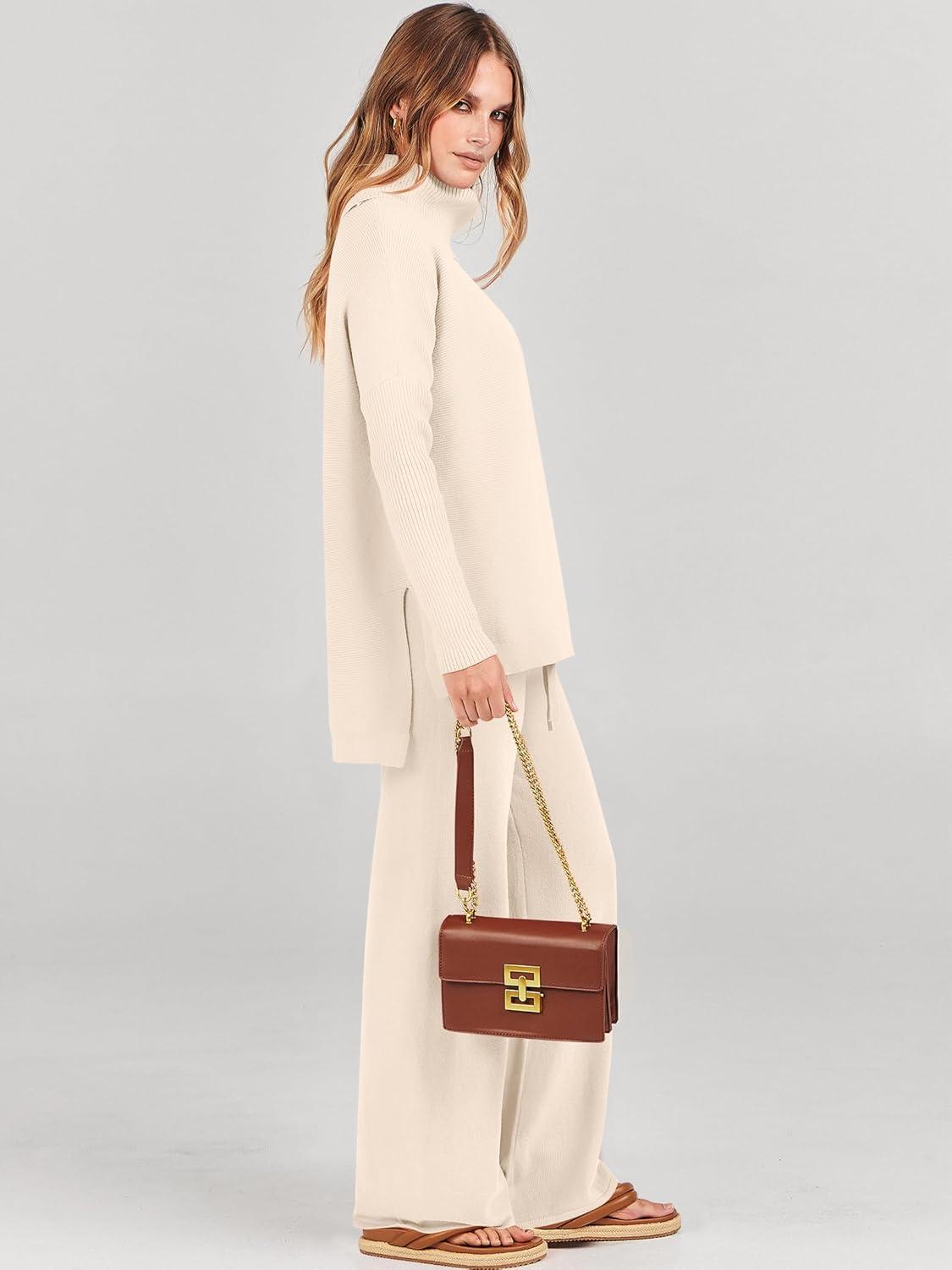 imageANRABESS Women Two Piece Outfits Oversized Turtleneck Knit Pullover Sweater Top Wide Leg Pants Lounge Set Sweatsuit 2025 FallBeige