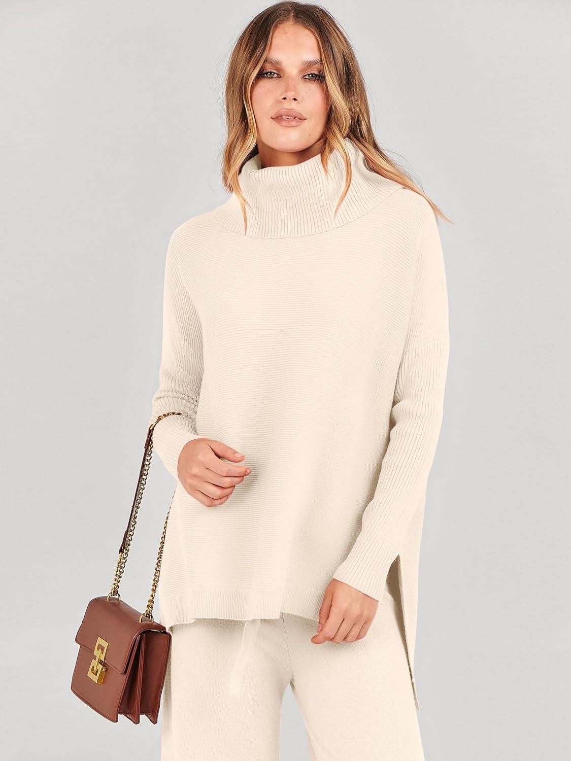 imageANRABESS Women Two Piece Outfits Oversized Turtleneck Knit Pullover Sweater Top Wide Leg Pants Lounge Set Sweatsuit 2025 FallBeige