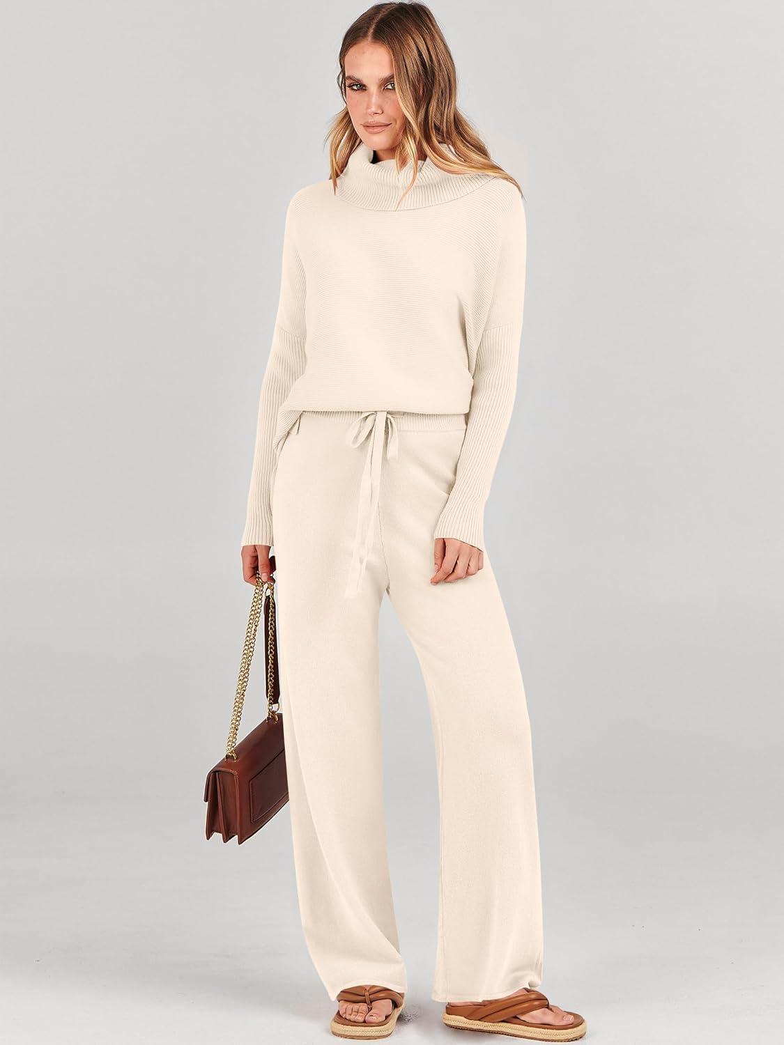 imageANRABESS Women Two Piece Outfits Oversized Turtleneck Knit Pullover Sweater Top Wide Leg Pants Lounge Set Sweatsuit 2025 FallBeige