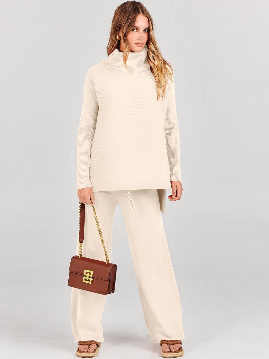 imageANRABESS Women Two Piece Outfits Oversized Turtleneck Knit Pullover Sweater Top Wide Leg Pants Lounge Set Sweatsuit 2025 FallBeige