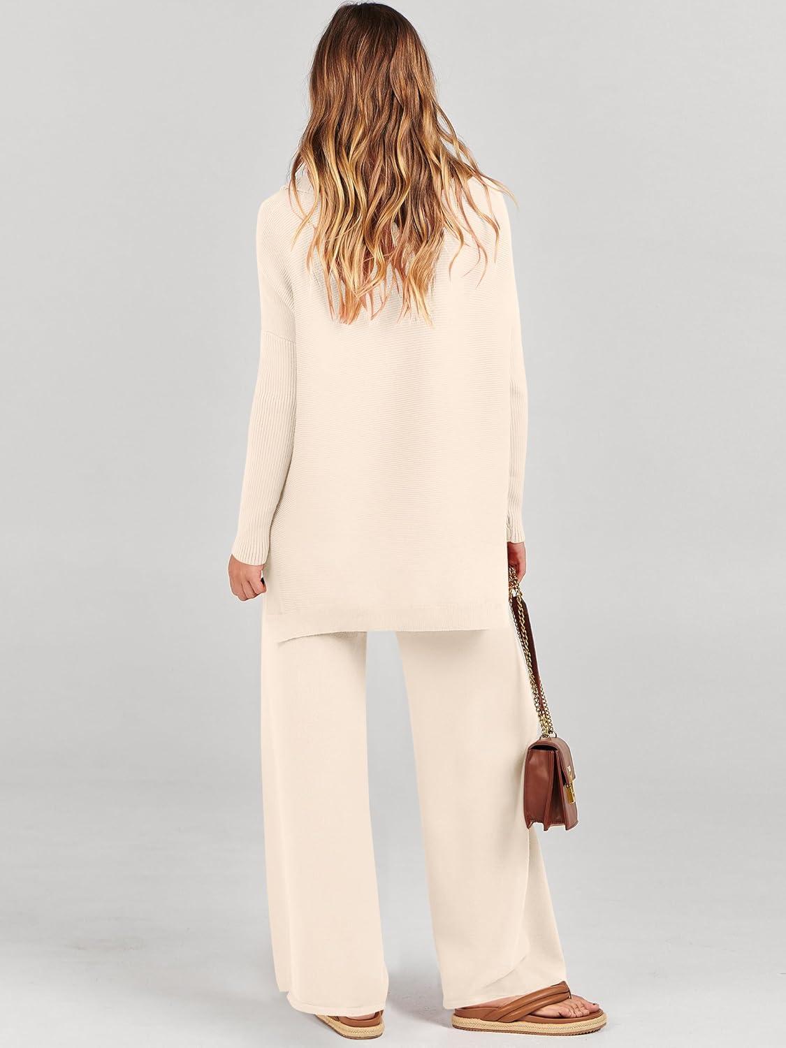 imageANRABESS Women Two Piece Outfits Oversized Turtleneck Knit Pullover Sweater Top Wide Leg Pants Lounge Set Sweatsuit 2025 FallBeige