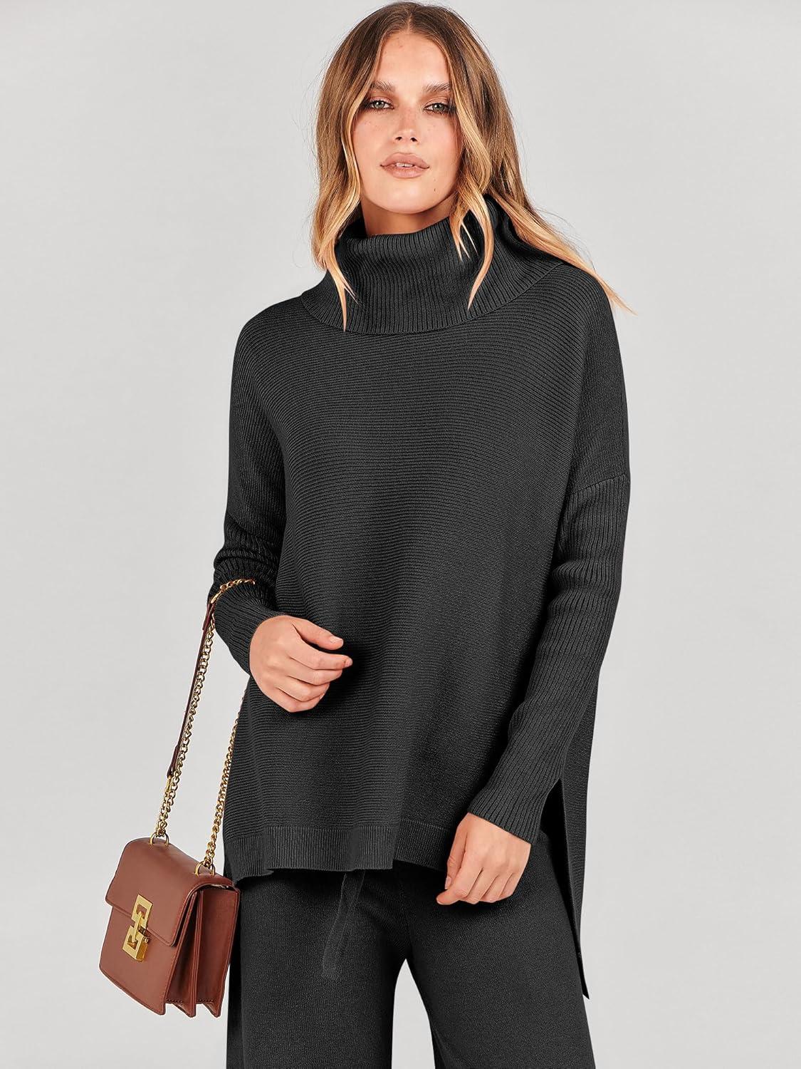 imageANRABESS Women Two Piece Outfits Oversized Turtleneck Knit Pullover Sweater Top Wide Leg Pants Lounge Set Sweatsuit 2025 FallBlack