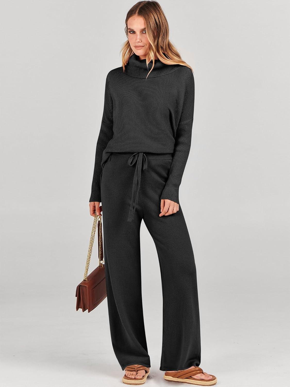 imageANRABESS Women Two Piece Outfits Oversized Turtleneck Knit Pullover Sweater Top Wide Leg Pants Lounge Set Sweatsuit 2025 FallBlack