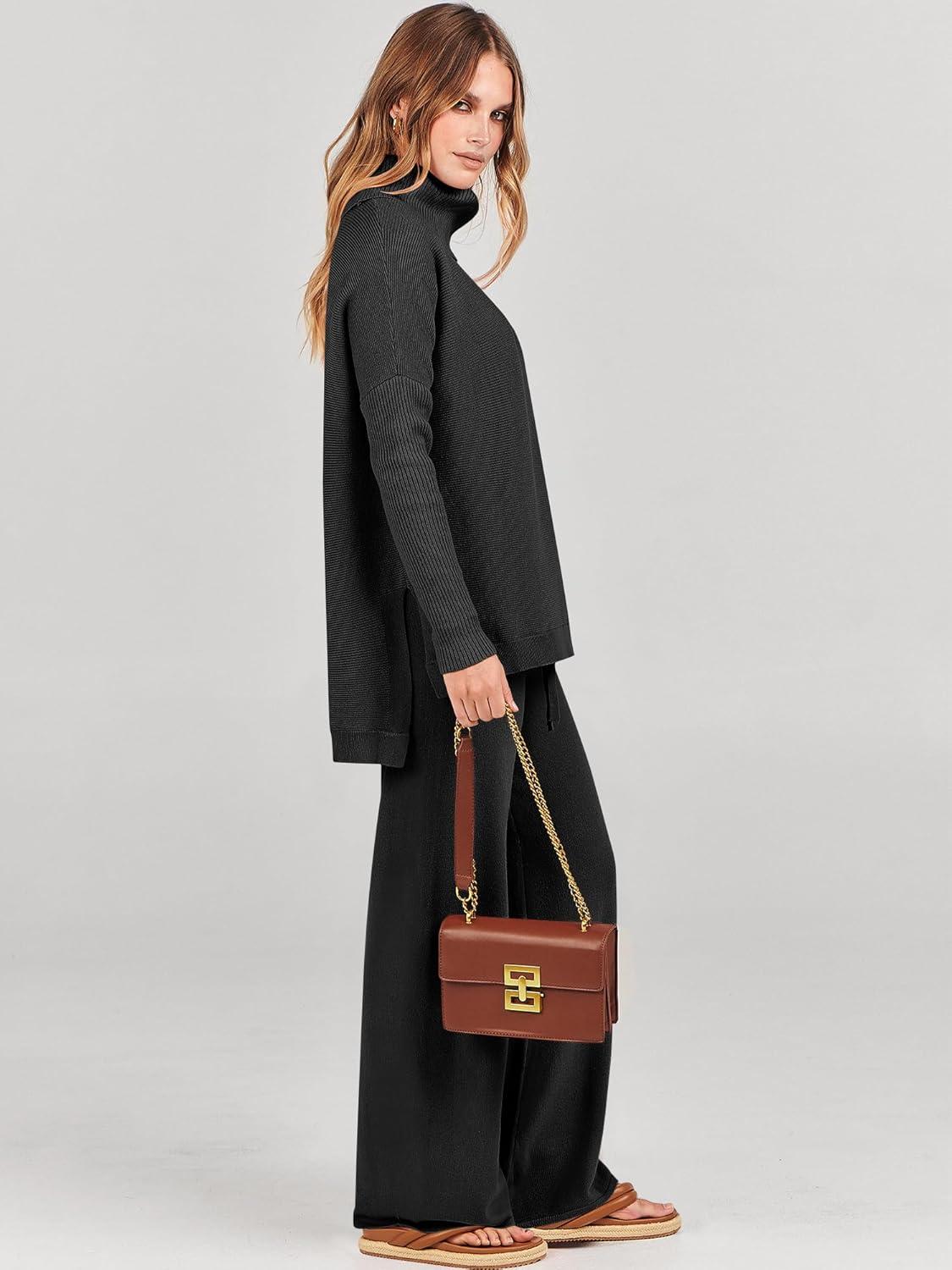 imageANRABESS Women Two Piece Outfits Oversized Turtleneck Knit Pullover Sweater Top Wide Leg Pants Lounge Set Sweatsuit 2025 FallBlack