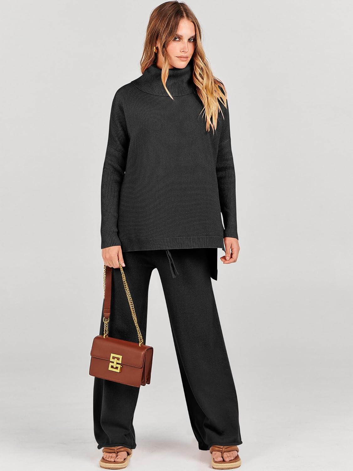 imageANRABESS Women Two Piece Outfits Oversized Turtleneck Knit Pullover Sweater Top Wide Leg Pants Lounge Set Sweatsuit 2025 FallBlack