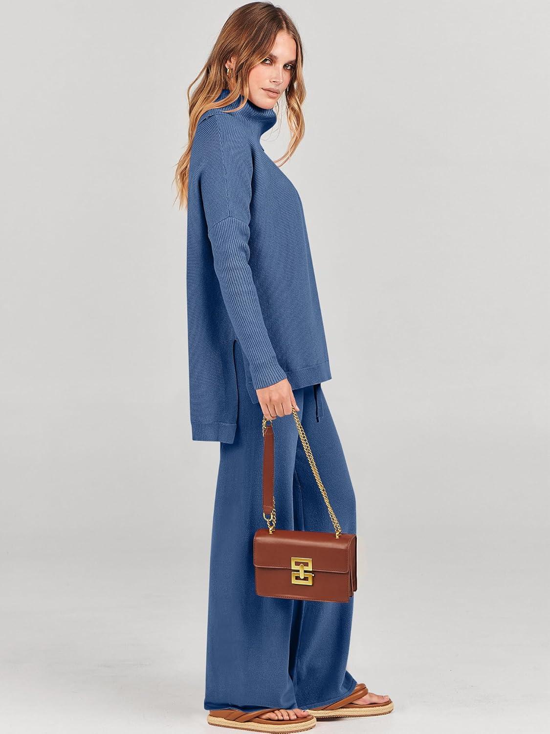 imageANRABESS Women Two Piece Outfits Oversized Turtleneck Knit Pullover Sweater Top Wide Leg Pants Lounge Set Sweatsuit 2025 FallBlue