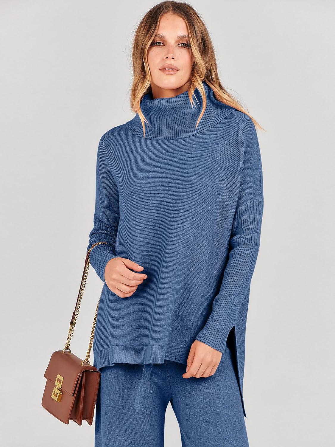 imageANRABESS Women Two Piece Outfits Oversized Turtleneck Knit Pullover Sweater Top Wide Leg Pants Lounge Set Sweatsuit 2025 FallBlue