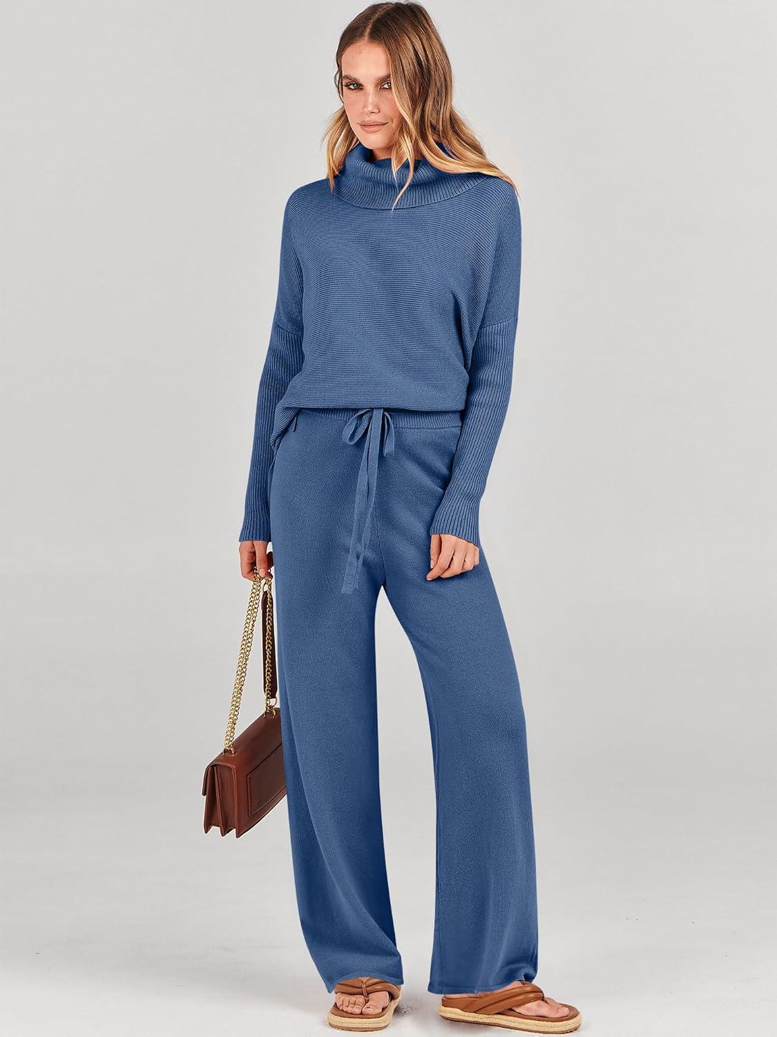imageANRABESS Women Two Piece Outfits Oversized Turtleneck Knit Pullover Sweater Top Wide Leg Pants Lounge Set Sweatsuit 2025 FallBlue