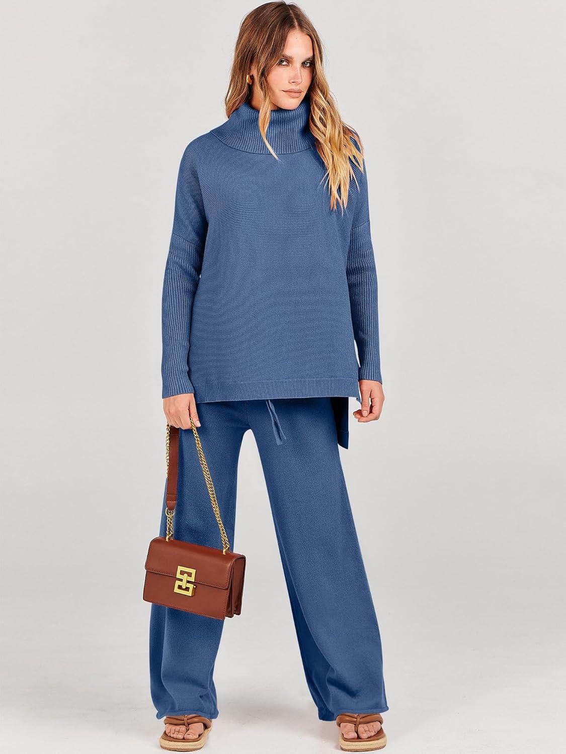 imageANRABESS Women Two Piece Outfits Oversized Turtleneck Knit Pullover Sweater Top Wide Leg Pants Lounge Set Sweatsuit 2025 FallBlue