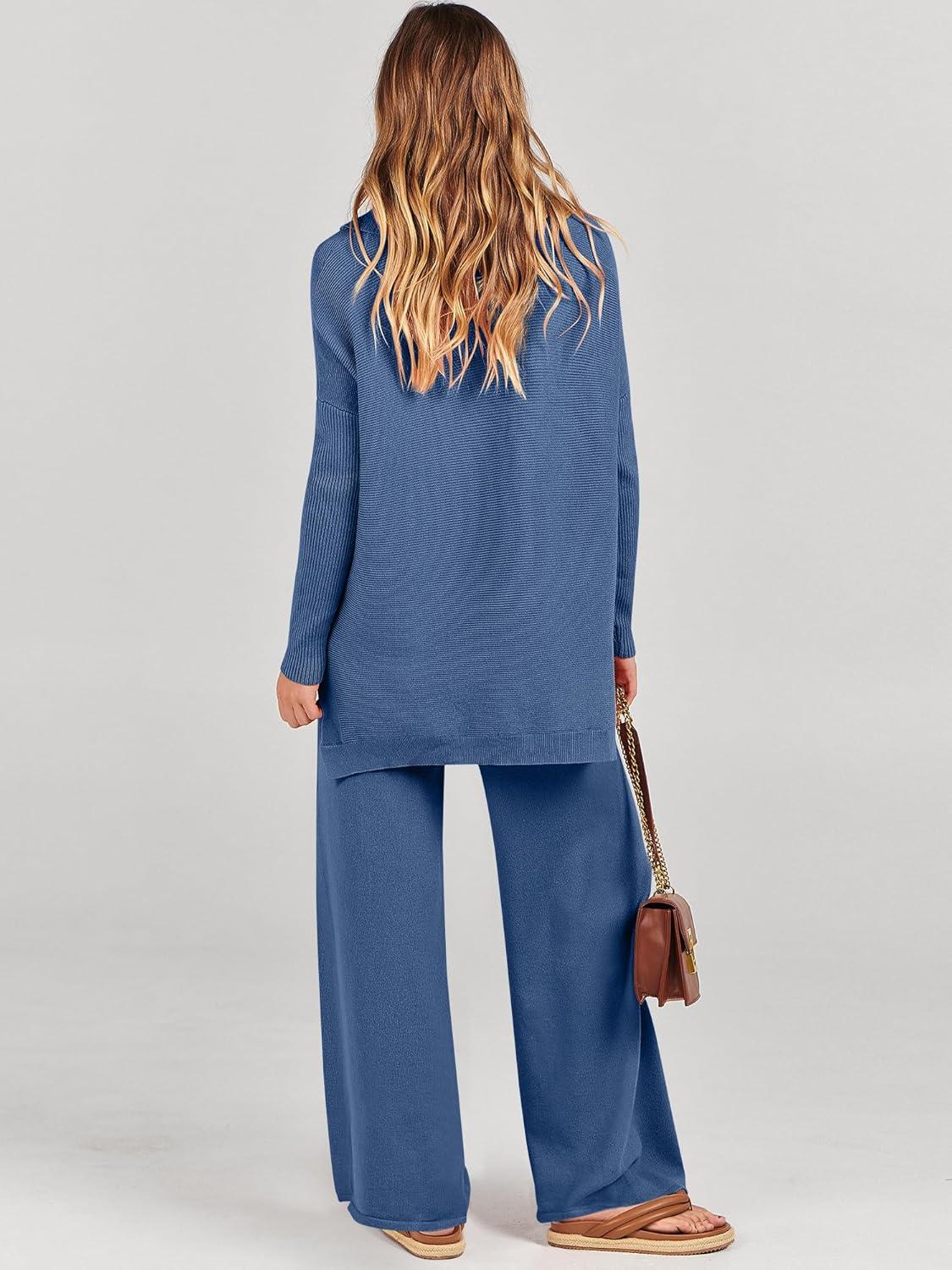 imageANRABESS Women Two Piece Outfits Oversized Turtleneck Knit Pullover Sweater Top Wide Leg Pants Lounge Set Sweatsuit 2025 FallBlue