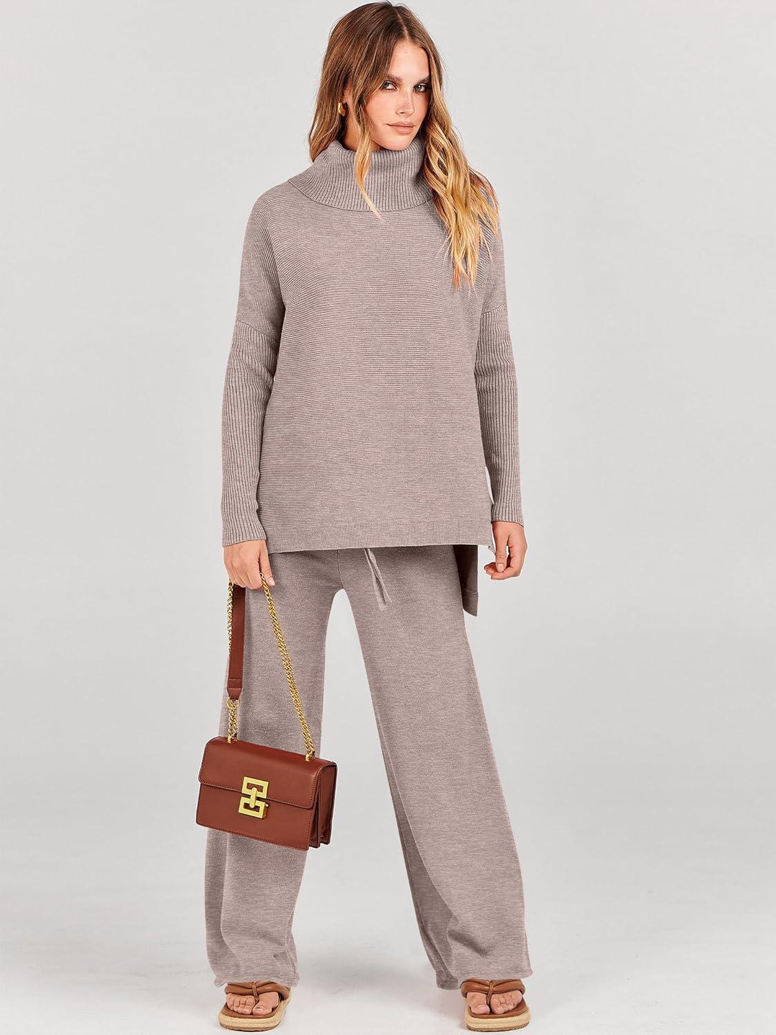 imageANRABESS Women Two Piece Outfits Oversized Turtleneck Knit Pullover Sweater Top Wide Leg Pants Lounge Set Sweatsuit 2025 FallCamel