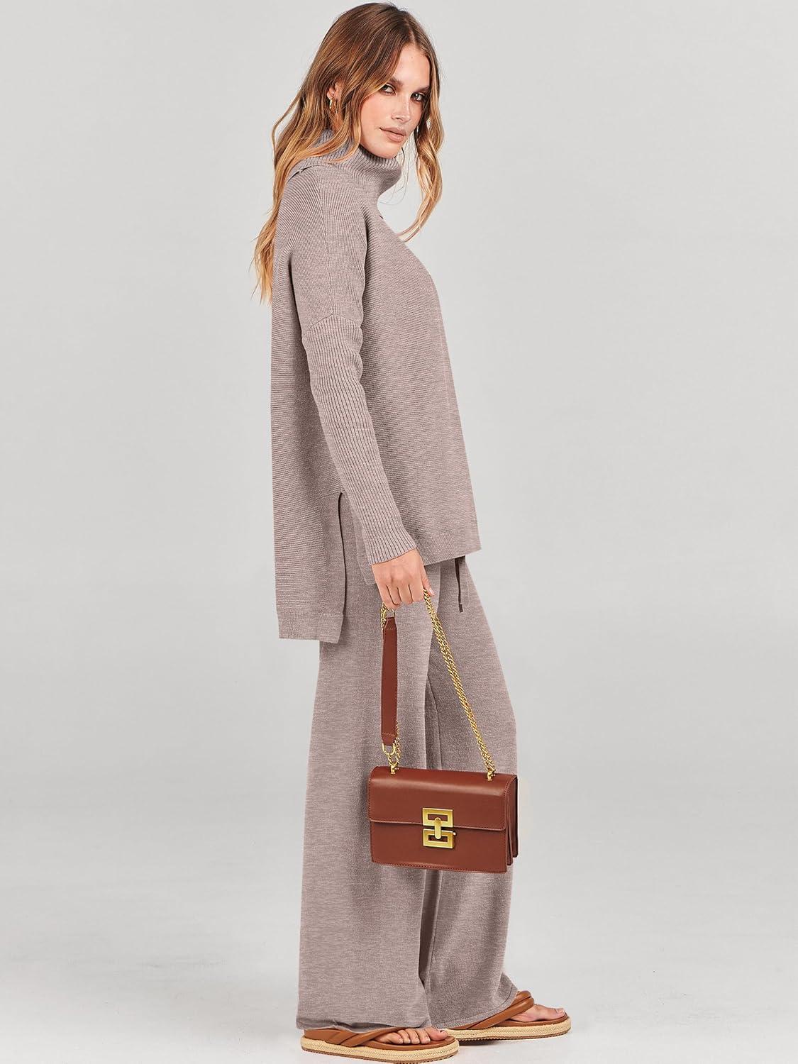 imageANRABESS Women Two Piece Outfits Oversized Turtleneck Knit Pullover Sweater Top Wide Leg Pants Lounge Set Sweatsuit 2025 FallCamel