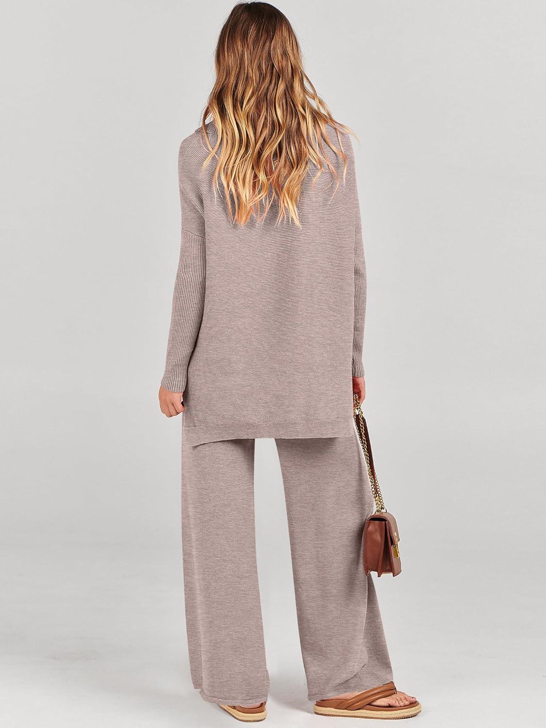 imageANRABESS Women Two Piece Outfits Oversized Turtleneck Knit Pullover Sweater Top Wide Leg Pants Lounge Set Sweatsuit 2025 FallCamel