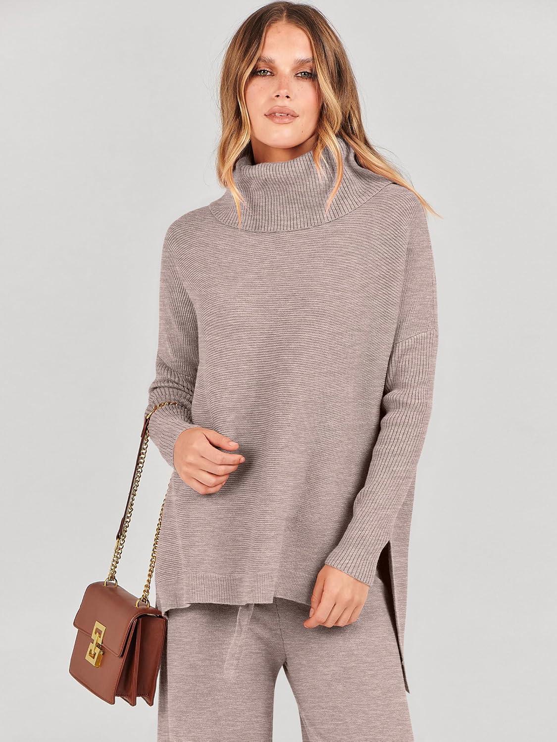 imageANRABESS Women Two Piece Outfits Oversized Turtleneck Knit Pullover Sweater Top Wide Leg Pants Lounge Set Sweatsuit 2025 FallCamel