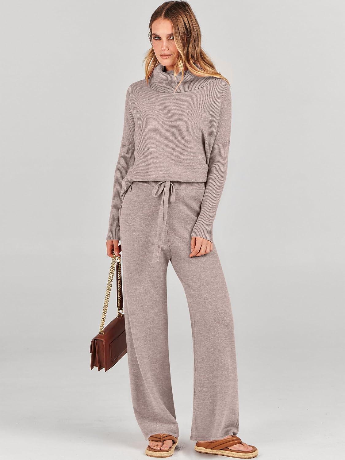 imageANRABESS Women Two Piece Outfits Oversized Turtleneck Knit Pullover Sweater Top Wide Leg Pants Lounge Set Sweatsuit 2025 FallCamel