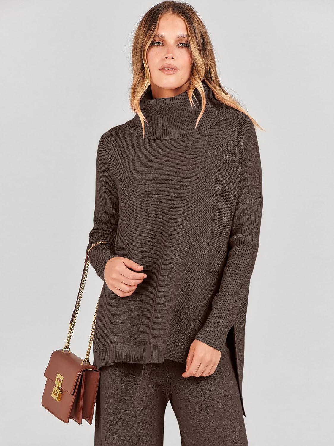 imageANRABESS Women Two Piece Outfits Oversized Turtleneck Knit Pullover Sweater Top Wide Leg Pants Lounge Set Sweatsuit 2025 FallChocola