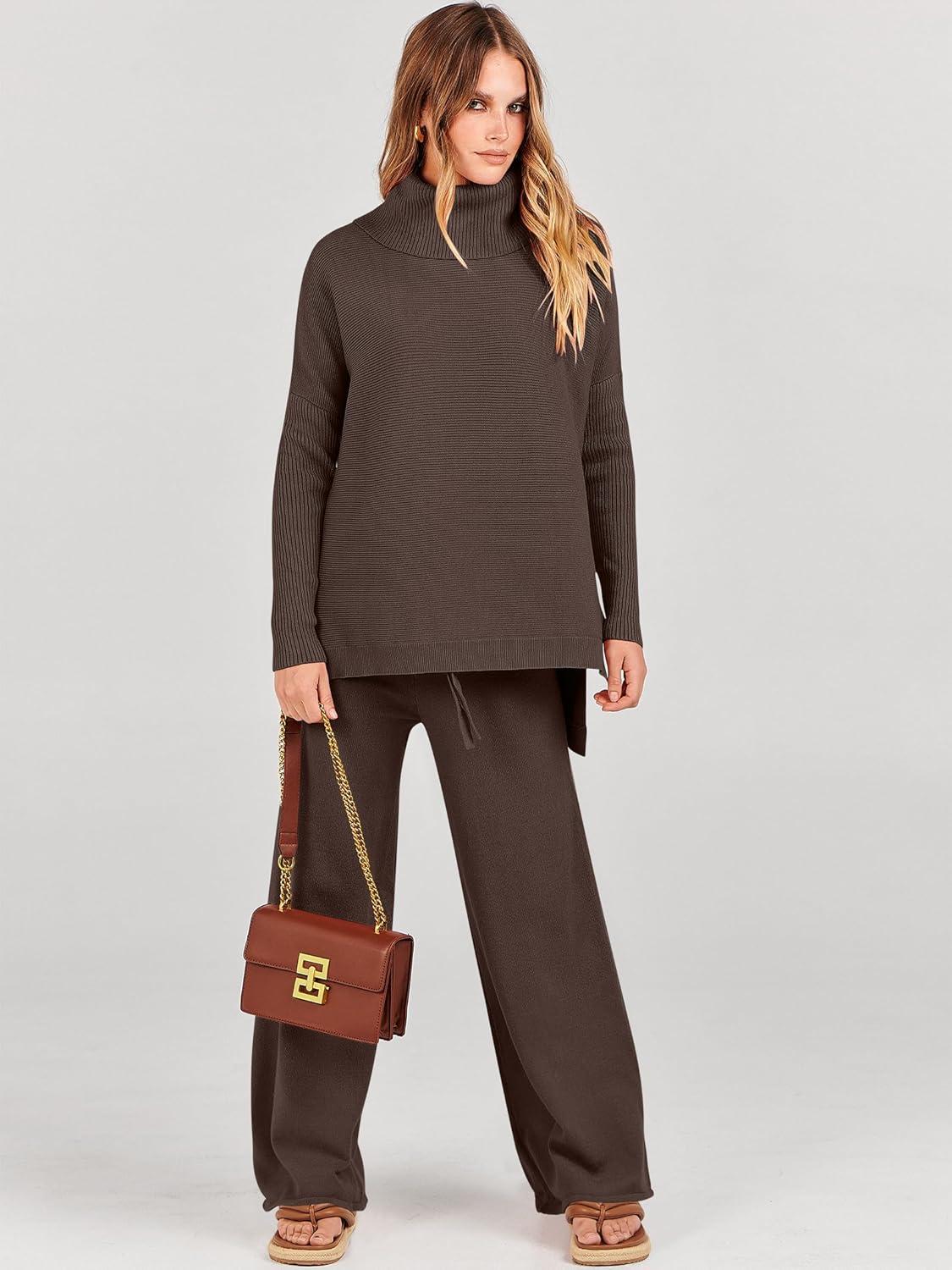 imageANRABESS Women Two Piece Outfits Oversized Turtleneck Knit Pullover Sweater Top Wide Leg Pants Lounge Set Sweatsuit 2025 FallChocola