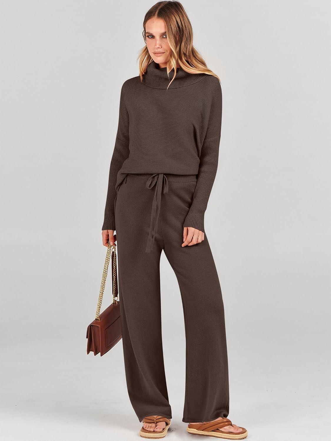 imageANRABESS Women Two Piece Outfits Oversized Turtleneck Knit Pullover Sweater Top Wide Leg Pants Lounge Set Sweatsuit 2025 FallChocola