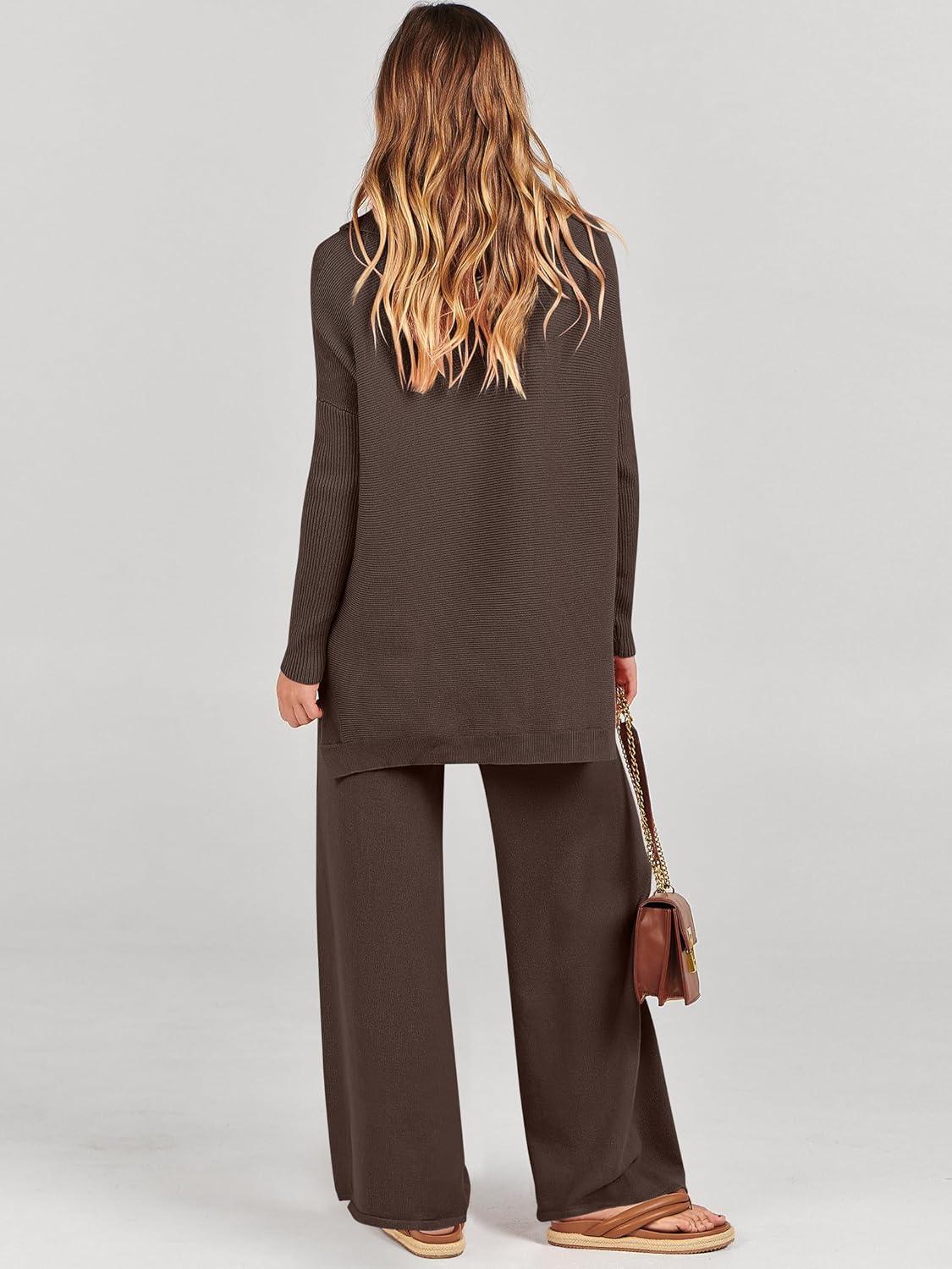 imageANRABESS Women Two Piece Outfits Oversized Turtleneck Knit Pullover Sweater Top Wide Leg Pants Lounge Set Sweatsuit 2025 FallChocola