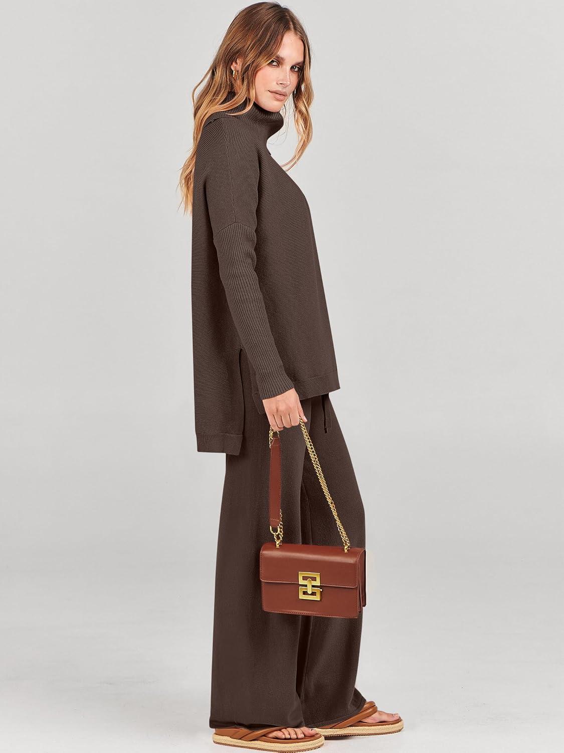 imageANRABESS Women Two Piece Outfits Oversized Turtleneck Knit Pullover Sweater Top Wide Leg Pants Lounge Set Sweatsuit 2025 FallChocola