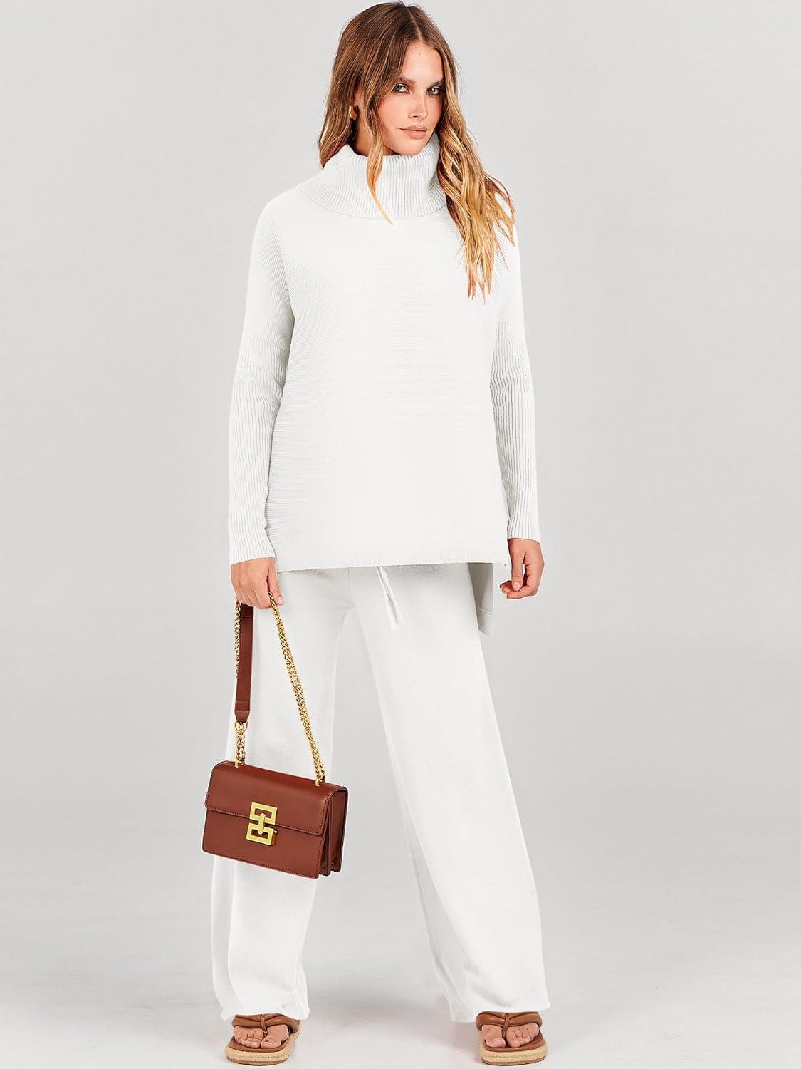 imageANRABESS Women Two Piece Outfits Oversized Turtleneck Knit Pullover Sweater Top Wide Leg Pants Lounge Set Sweatsuit 2025 FallWhite