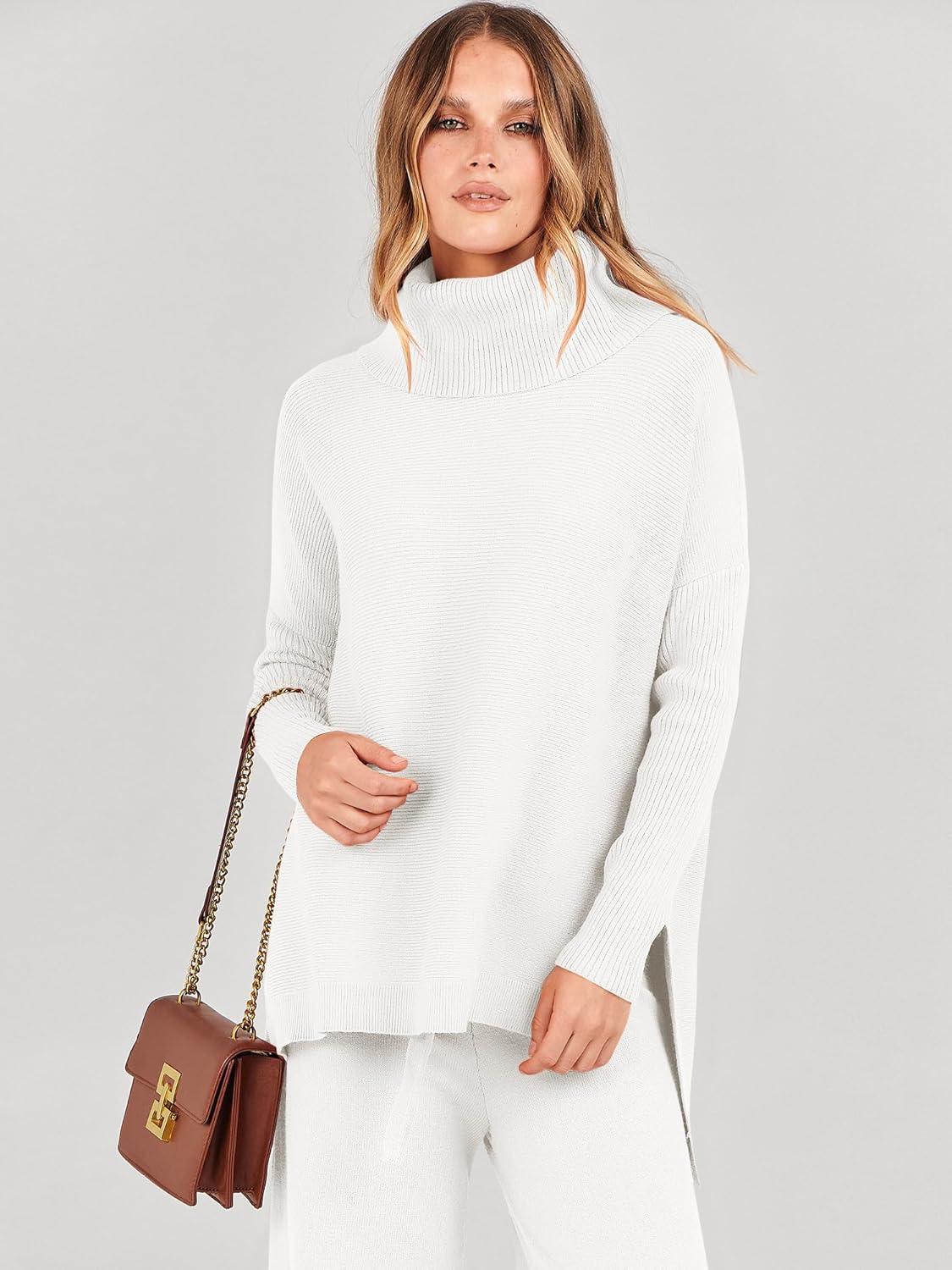 imageANRABESS Women Two Piece Outfits Oversized Turtleneck Knit Pullover Sweater Top Wide Leg Pants Lounge Set Sweatsuit 2025 FallWhite