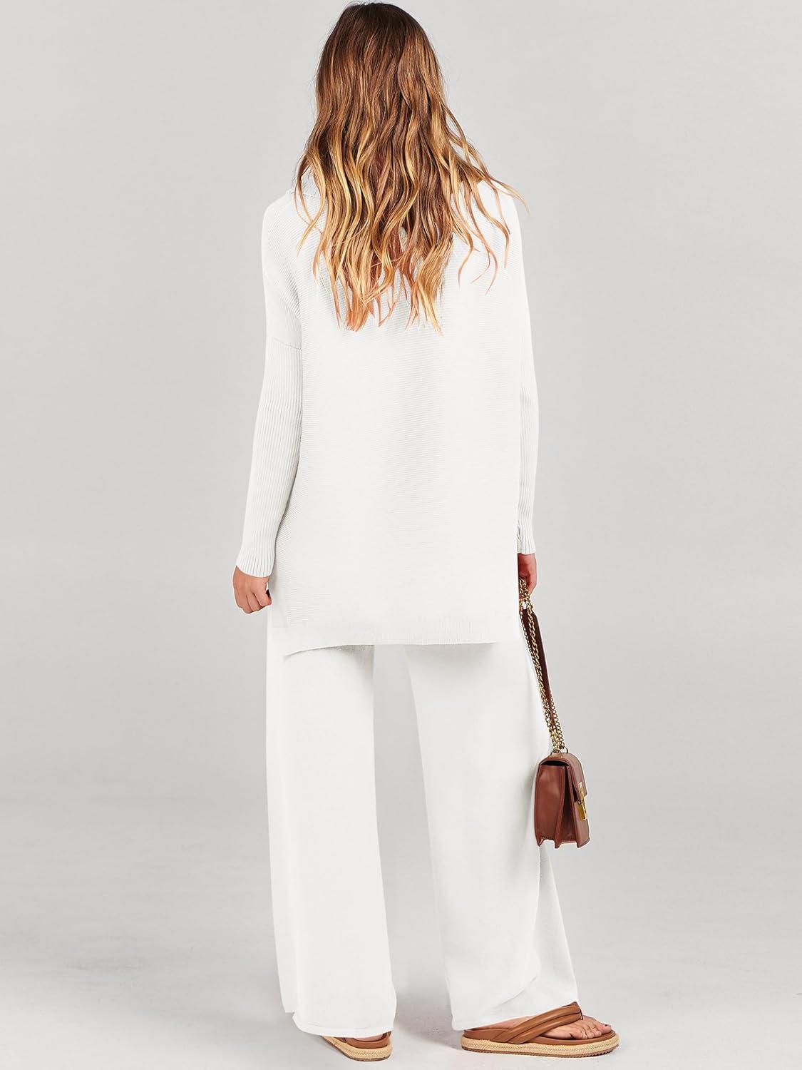 imageANRABESS Women Two Piece Outfits Oversized Turtleneck Knit Pullover Sweater Top Wide Leg Pants Lounge Set Sweatsuit 2025 FallWhite