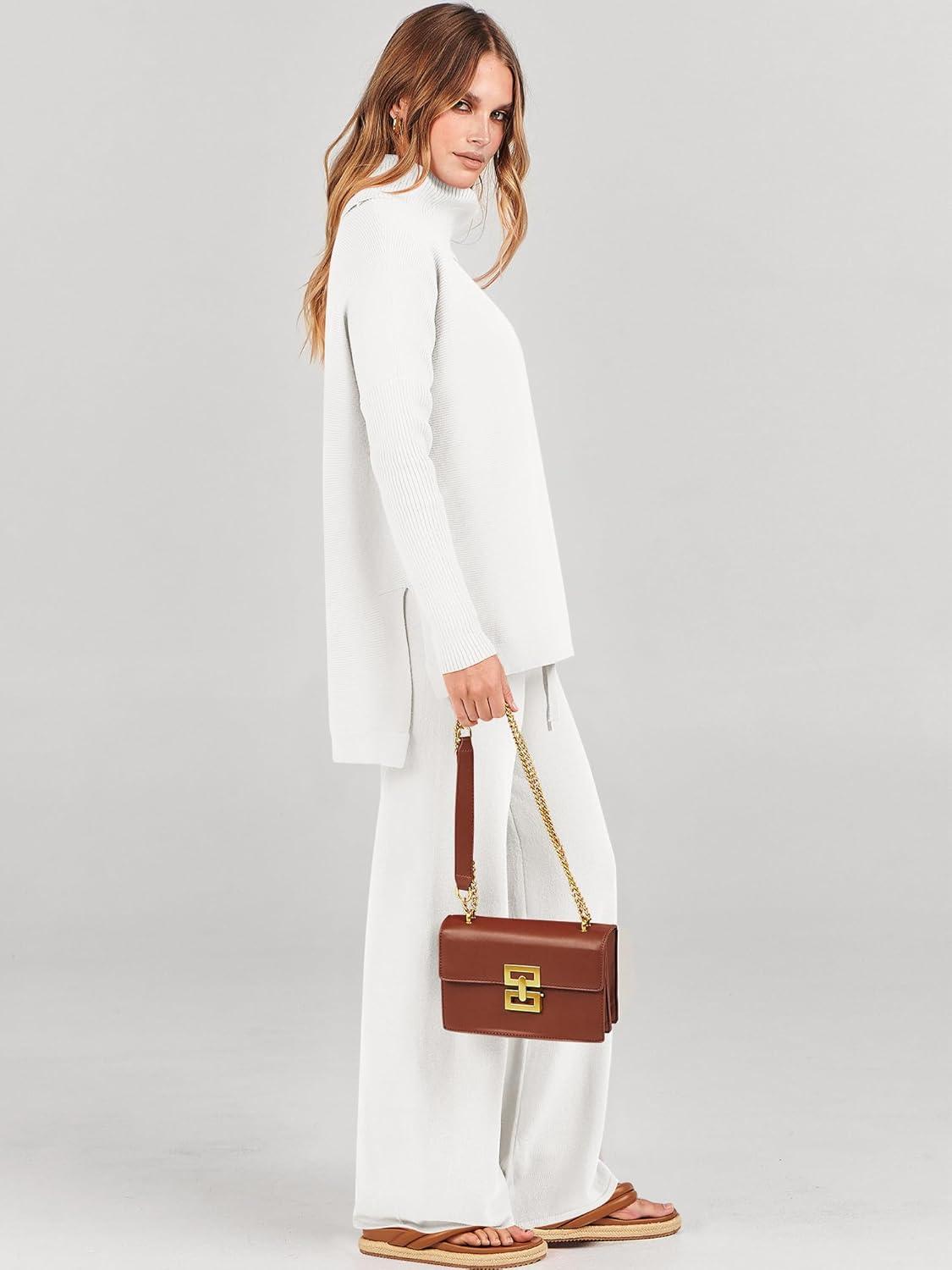 imageANRABESS Women Two Piece Outfits Oversized Turtleneck Knit Pullover Sweater Top Wide Leg Pants Lounge Set Sweatsuit 2025 FallWhite