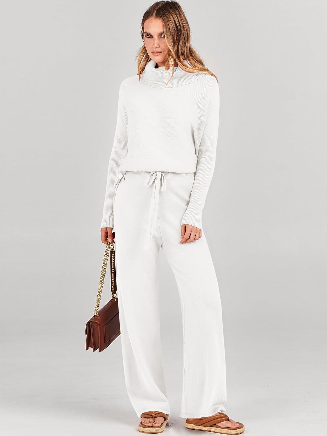 imageANRABESS Women Two Piece Outfits Oversized Turtleneck Knit Pullover Sweater Top Wide Leg Pants Lounge Set Sweatsuit 2025 FallWhite