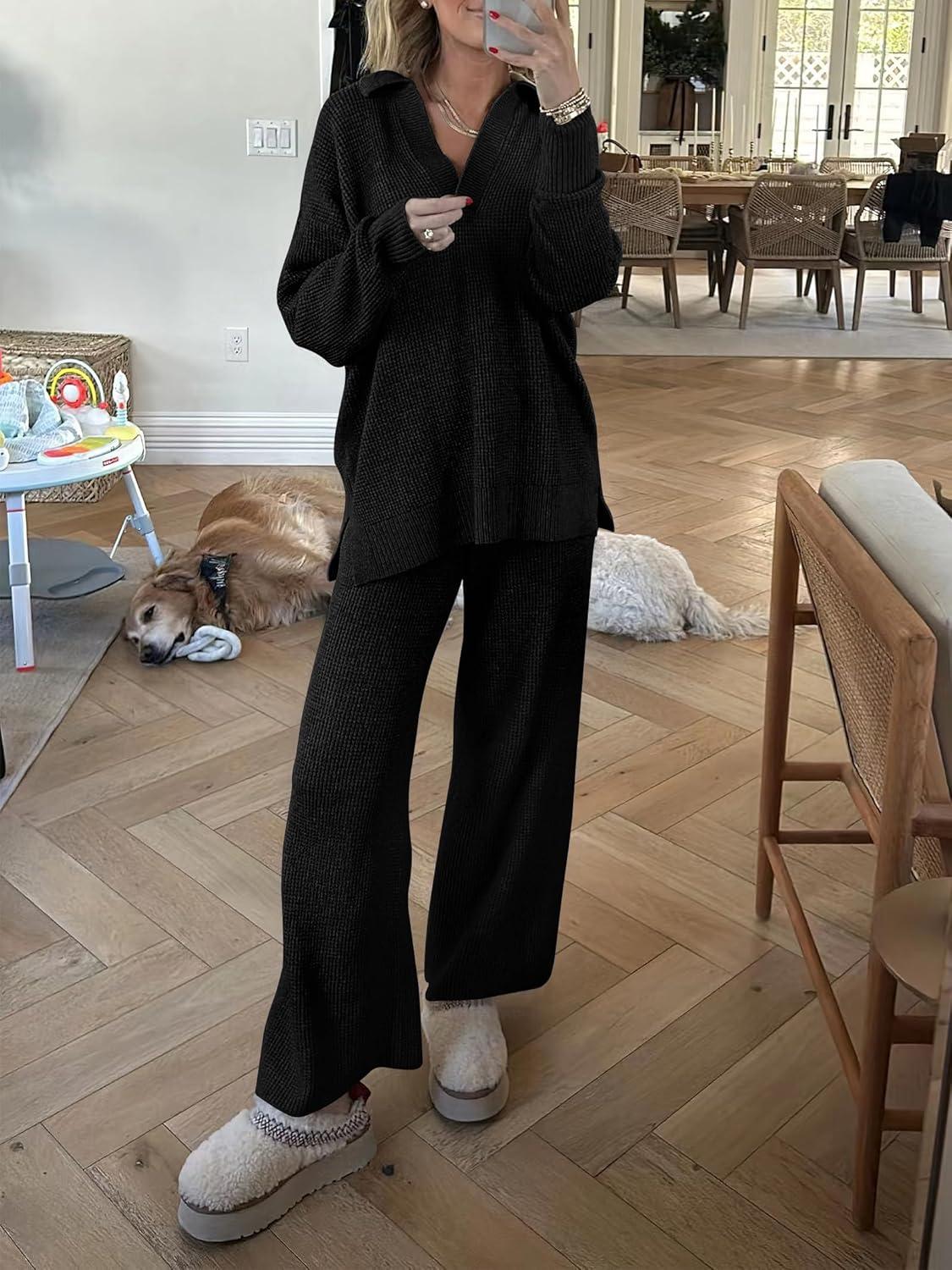 imageANRABESS Women Two Piece Outfits Sweater Sets Lounge Waffle Knit Pullover Matching Wide Leg Pants Tracksuit 2025 Fall FashionBlack