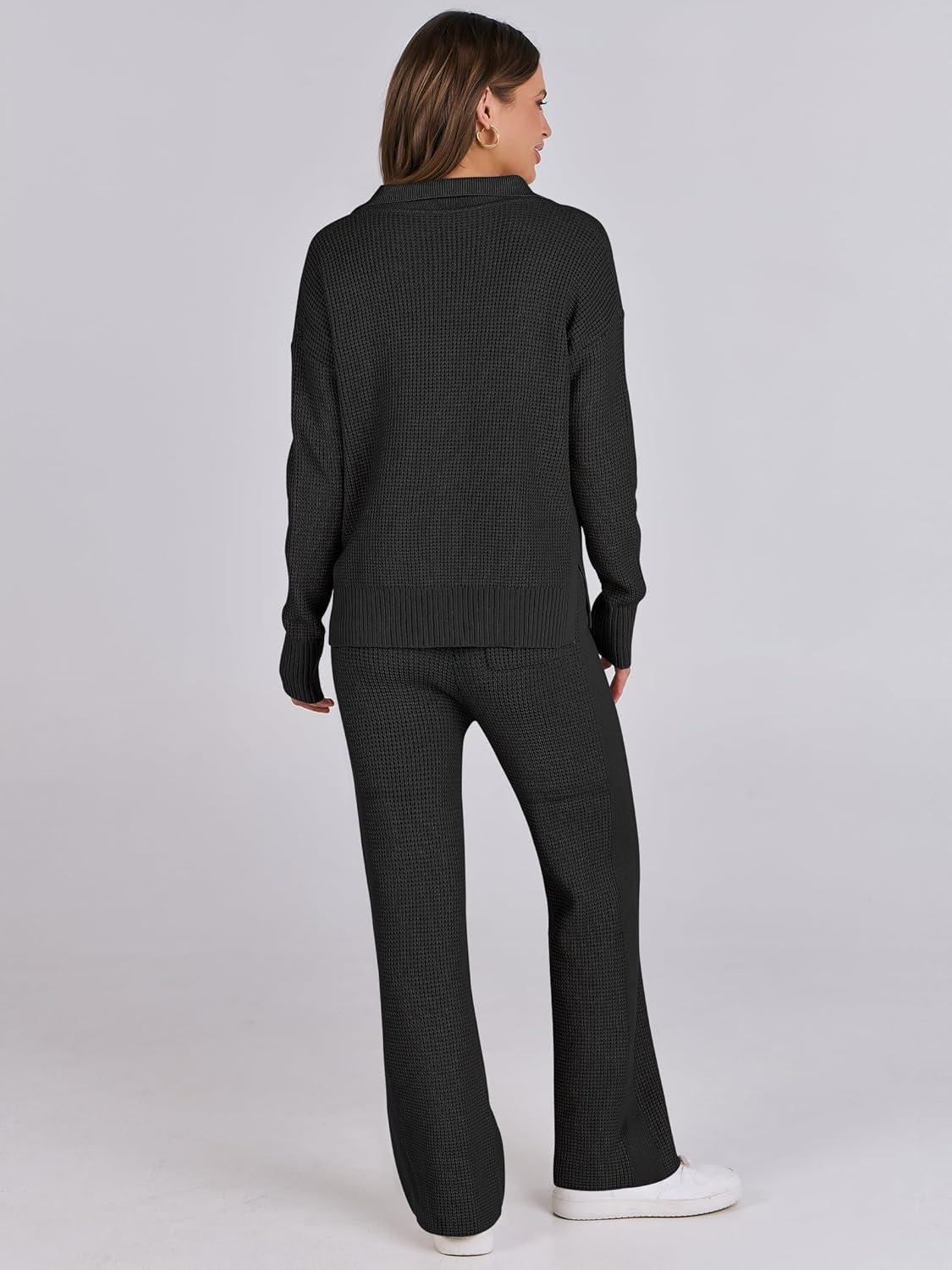 imageANRABESS Women Two Piece Outfits Sweater Sets Lounge Waffle Knit Pullover Matching Wide Leg Pants Tracksuit 2025 Fall FashionBlack