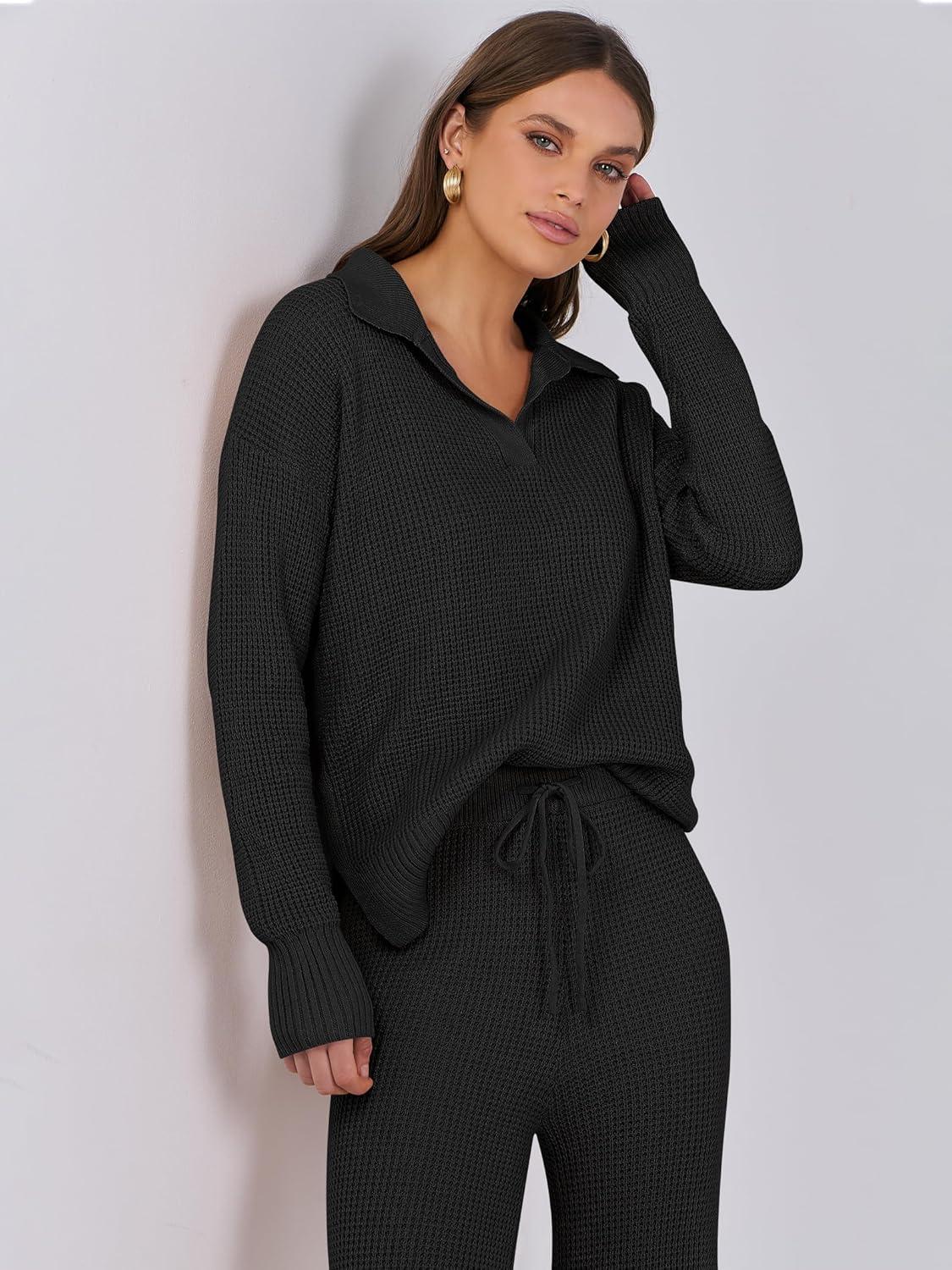 imageANRABESS Women Two Piece Outfits Sweater Sets Lounge Waffle Knit Pullover Matching Wide Leg Pants Tracksuit 2025 Fall FashionBlack