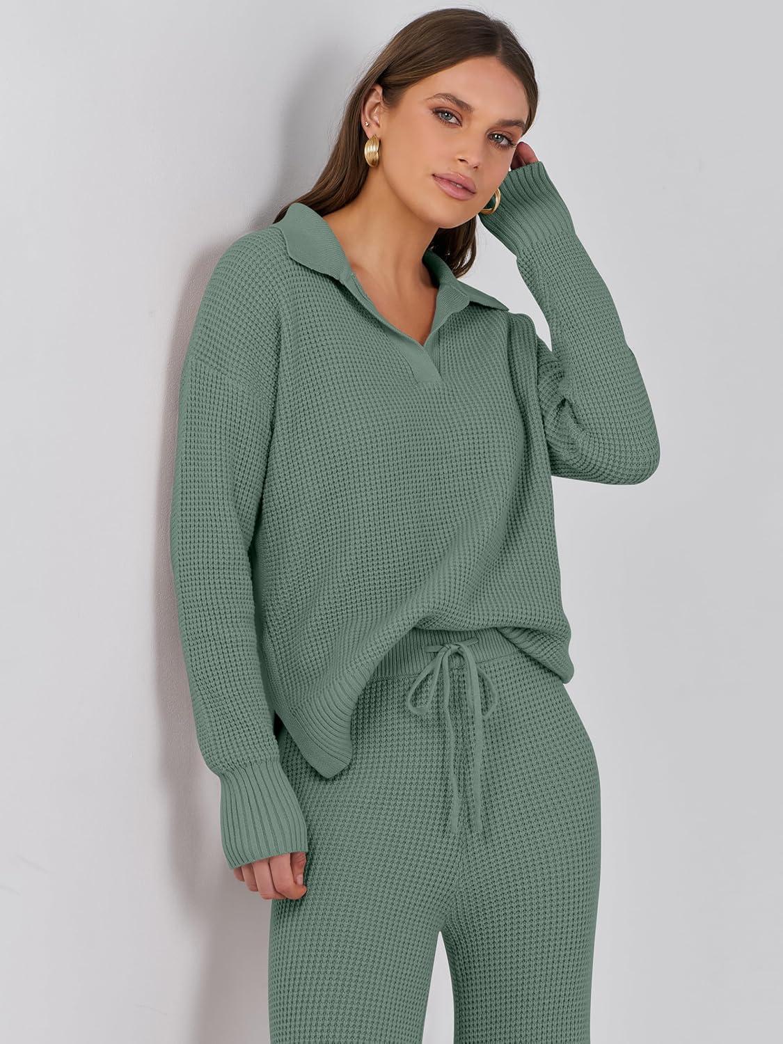 imageANRABESS Women Two Piece Outfits Sweater Sets Lounge Waffle Knit Pullover Matching Wide Leg Pants Tracksuit 2025 Fall FashionGreen