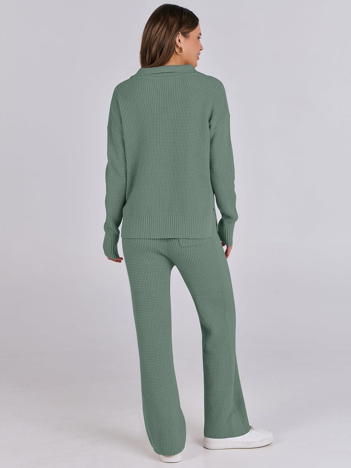 imageANRABESS Women Two Piece Outfits Sweater Sets Lounge Waffle Knit Pullover Matching Wide Leg Pants Tracksuit 2025 Fall FashionGreen