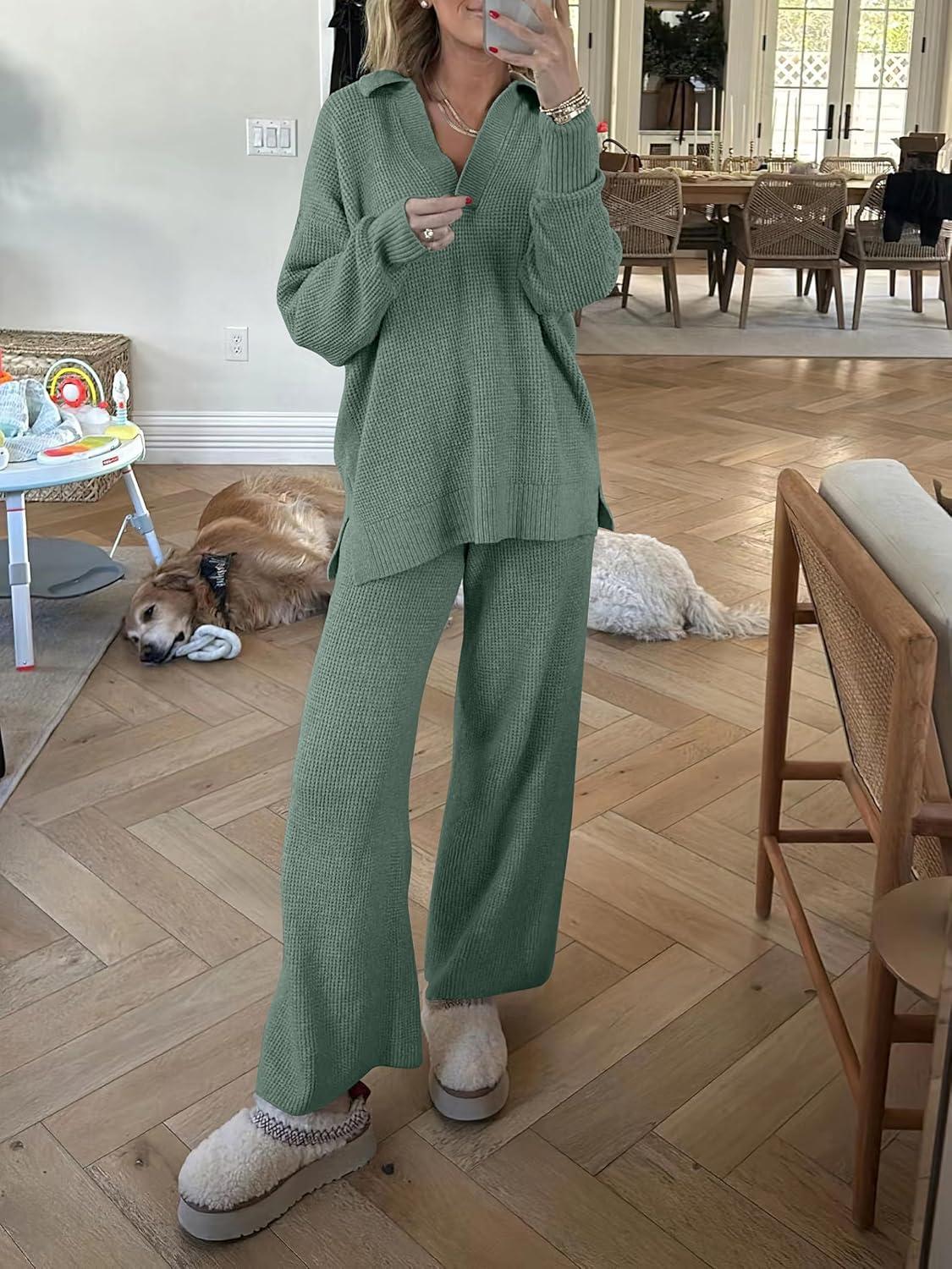 imageANRABESS Women Two Piece Outfits Sweater Sets Lounge Waffle Knit Pullover Matching Wide Leg Pants Tracksuit 2025 Fall FashionGreen