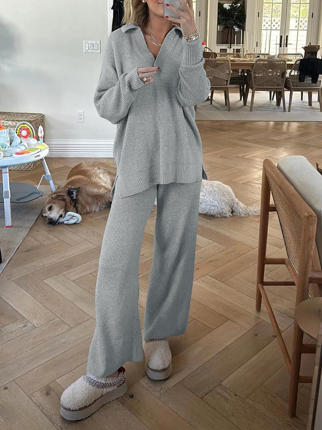 imageANRABESS Women Two Piece Outfits Sweater Sets Lounge Waffle Knit Pullover Matching Wide Leg Pants Tracksuit 2025 Fall FashionGrey