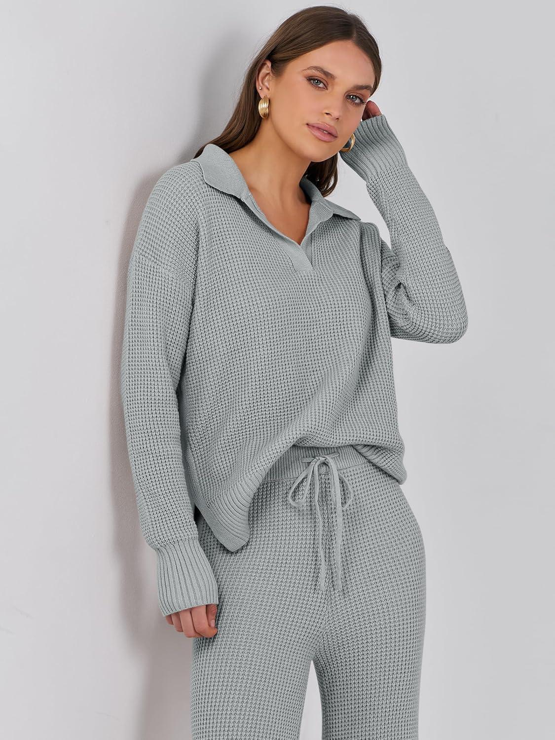 imageANRABESS Women Two Piece Outfits Sweater Sets Lounge Waffle Knit Pullover Matching Wide Leg Pants Tracksuit 2025 Fall FashionGrey