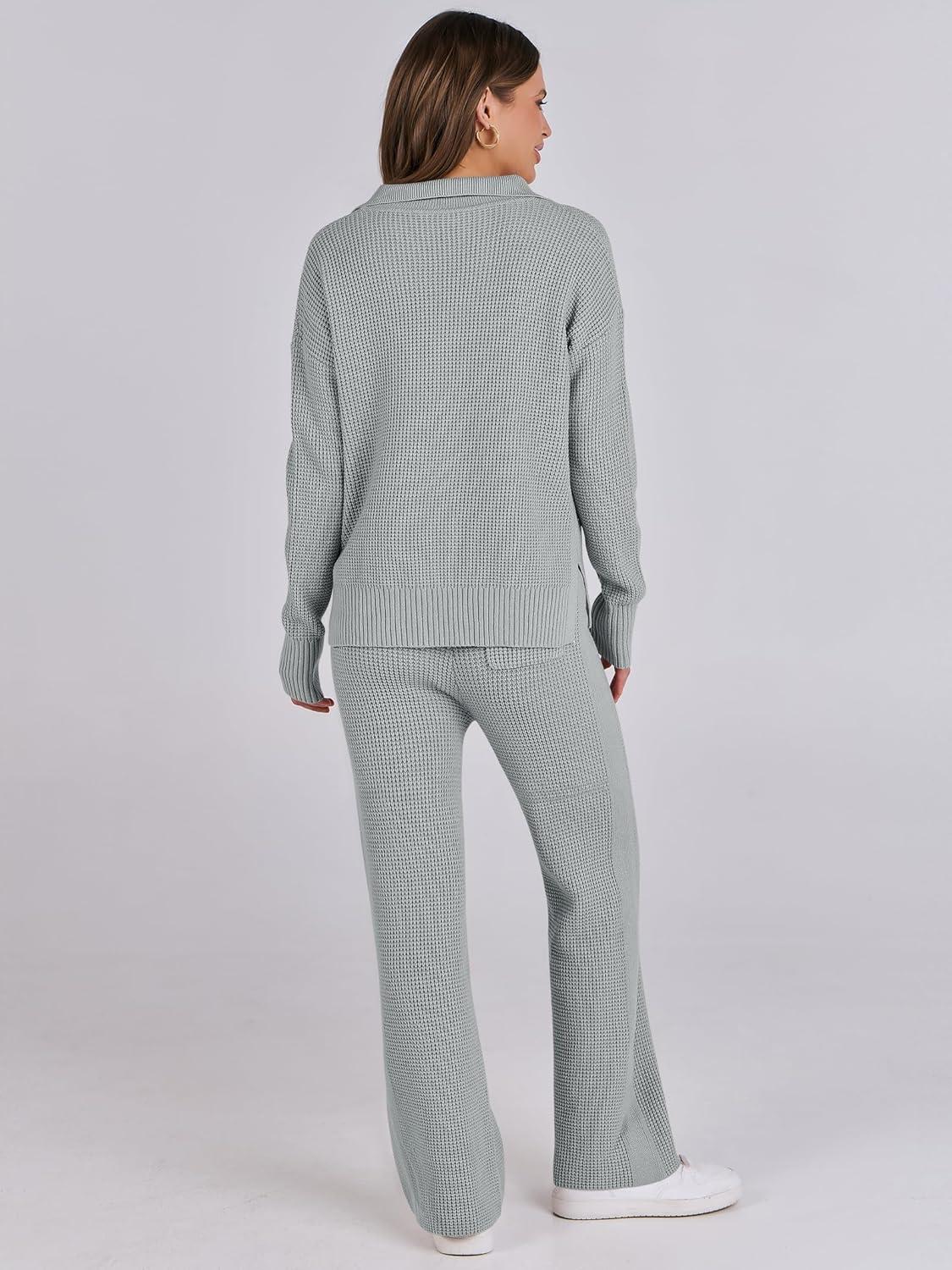 imageANRABESS Women Two Piece Outfits Sweater Sets Lounge Waffle Knit Pullover Matching Wide Leg Pants Tracksuit 2025 Fall FashionGrey