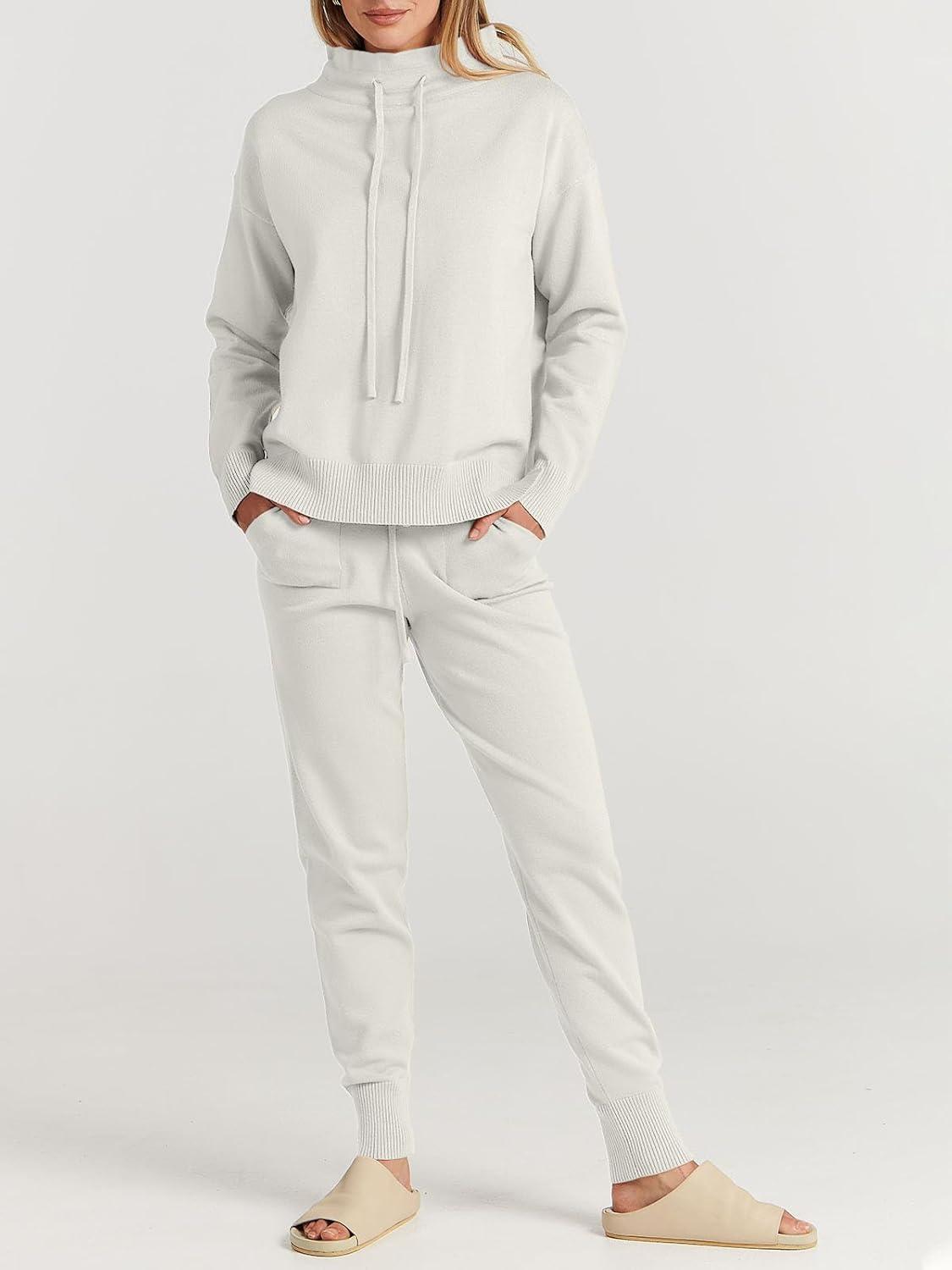 imageANRABESS Women Two Piece Outfits Turtleneck Pullover Top Cozy Knit Sweater Pants Lounge Set 2024 Fall Sweatsuit Sweatsuits White Small