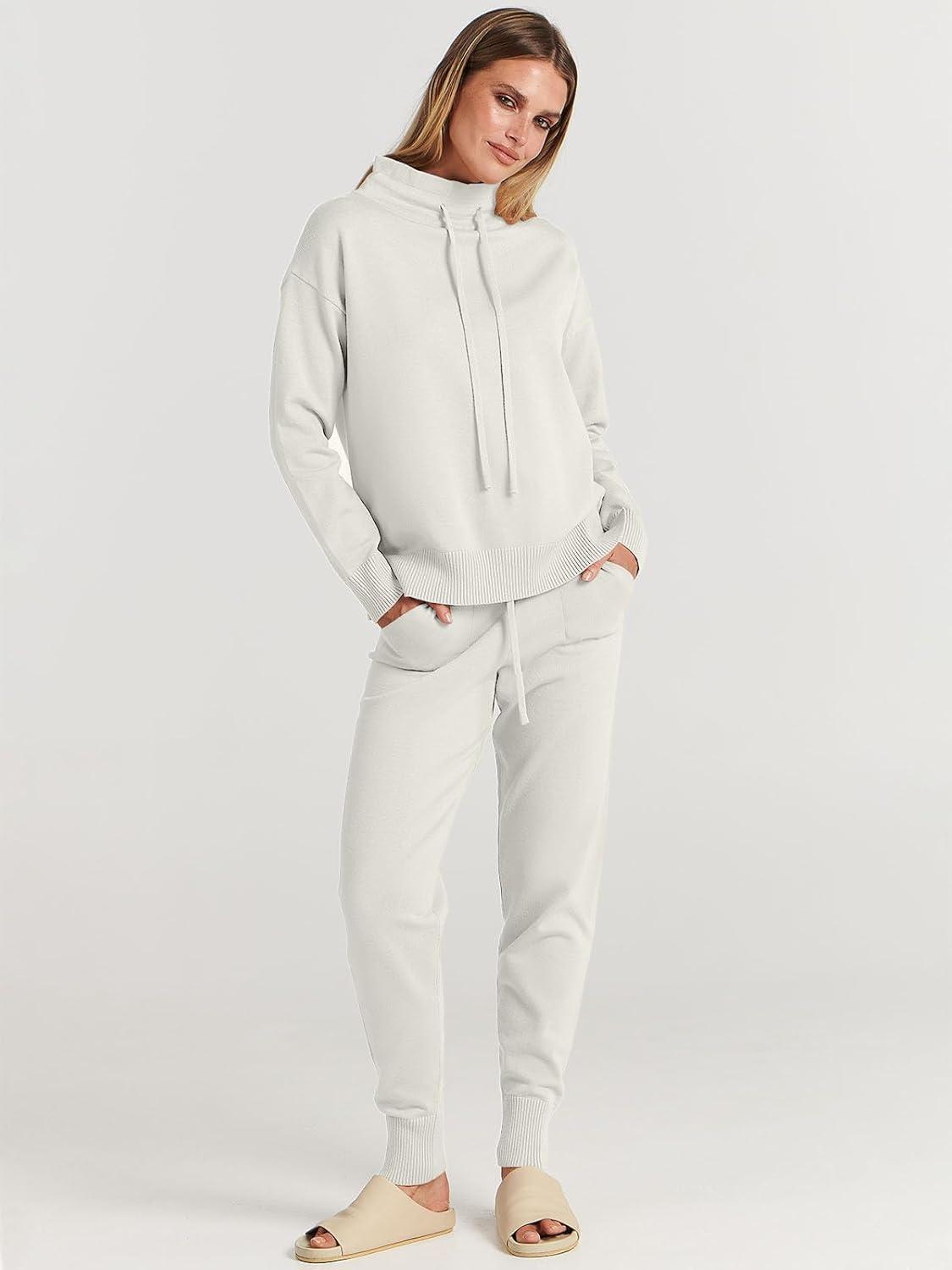 imageANRABESS Women Two Piece Outfits Turtleneck Pullover Top Cozy Knit Sweater Pants Lounge Set 2024 Fall Sweatsuit Sweatsuits White Small