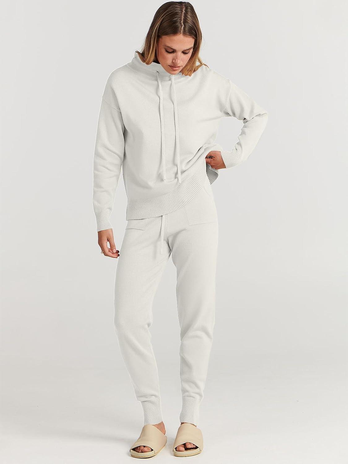 imageANRABESS Women Two Piece Outfits Turtleneck Pullover Top Cozy Knit Sweater Pants Lounge Set 2024 Fall Sweatsuit Sweatsuits White Small