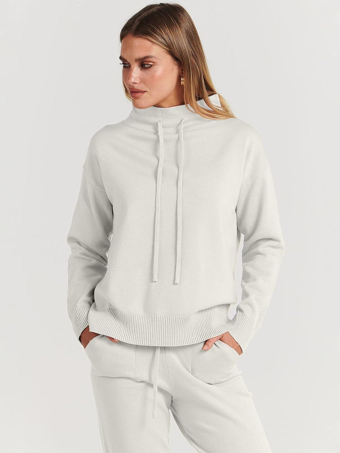 imageANRABESS Women Two Piece Outfits Turtleneck Pullover Top Cozy Knit Sweater Pants Lounge Set 2024 Fall Sweatsuit Sweatsuits White Small