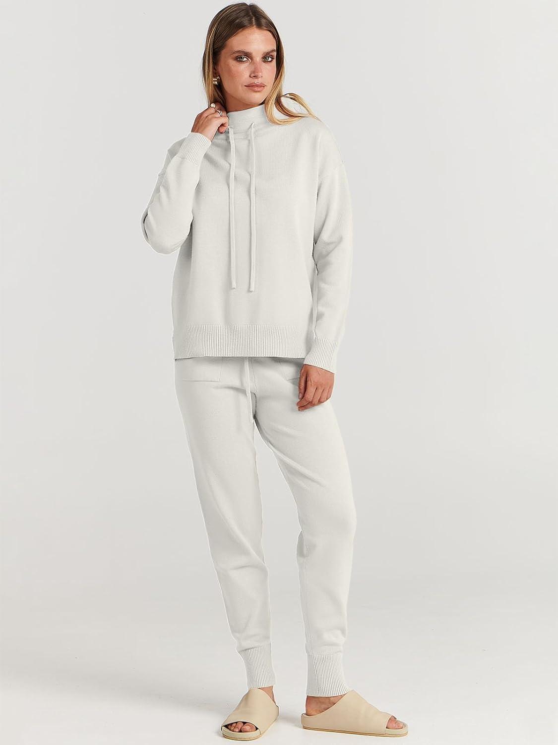 imageANRABESS Women Two Piece Outfits Turtleneck Pullover Top Cozy Knit Sweater Pants Lounge Set 2024 Fall Sweatsuit Sweatsuits White Small