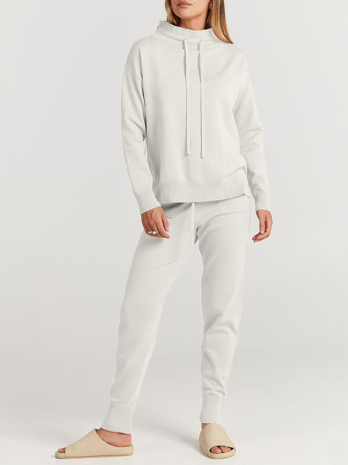 imageANRABESS Women Two Piece Outfits Turtleneck Pullover Top Cozy Knit Sweater Pants Lounge Set 2024 Fall Sweatsuit Sweatsuits White Small