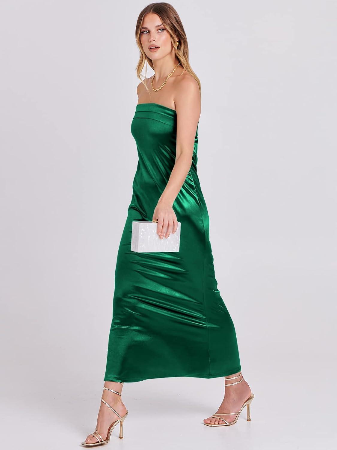 imageANRABESS Women Wedding Guest Maxi Dress Strapless Satin Tube Bodycon Backless Cocktail Formal Dresses 2025 FallGreen