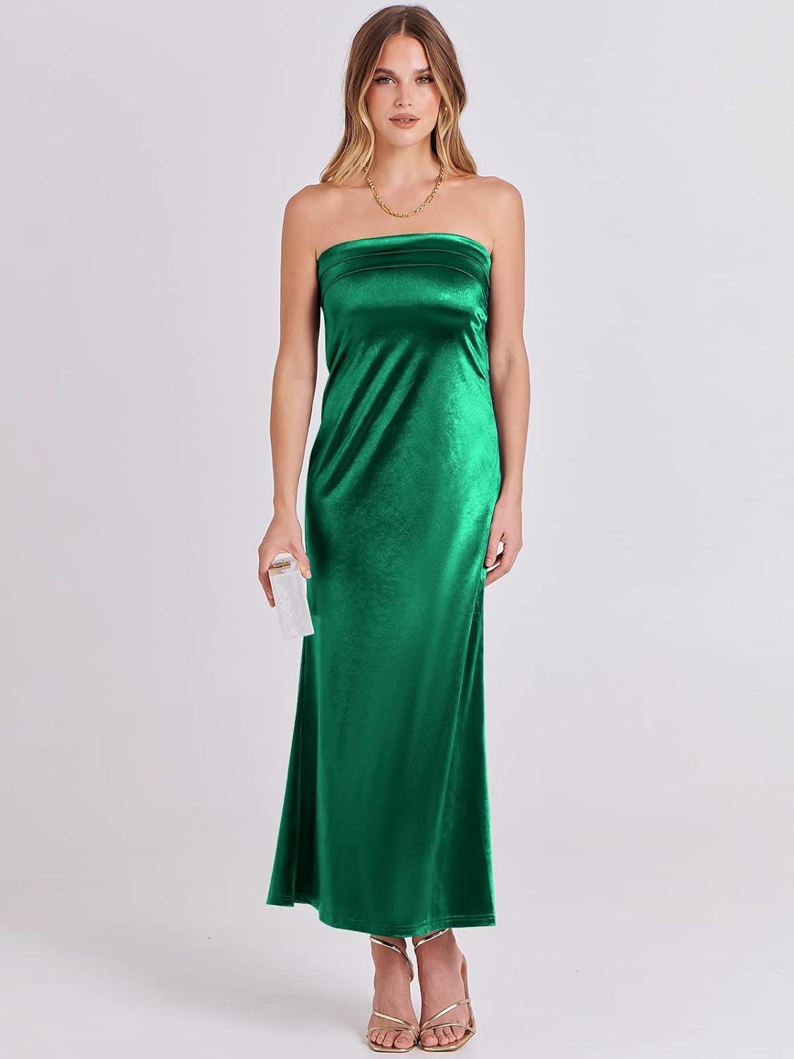 imageANRABESS Women Wedding Guest Maxi Dress Strapless Satin Tube Bodycon Backless Cocktail Formal Dresses 2025 FallGreen