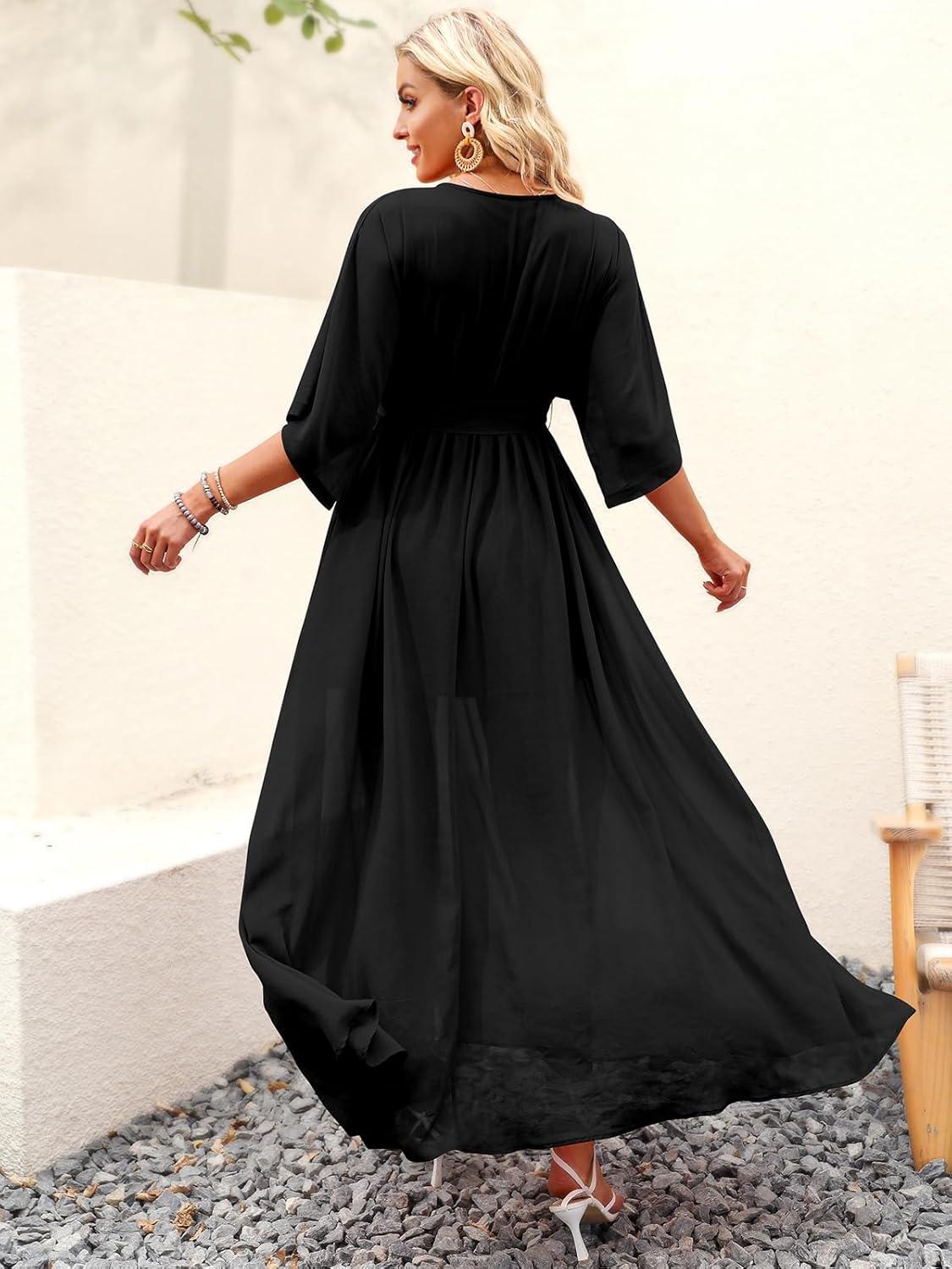 imageANRABESS Womens 12 Sleeve Beach Wedding Guest Maxi Dresses 2025 Fall Wrap V Neck Boho Floral Flowy Slit Long Summer DressesBlack