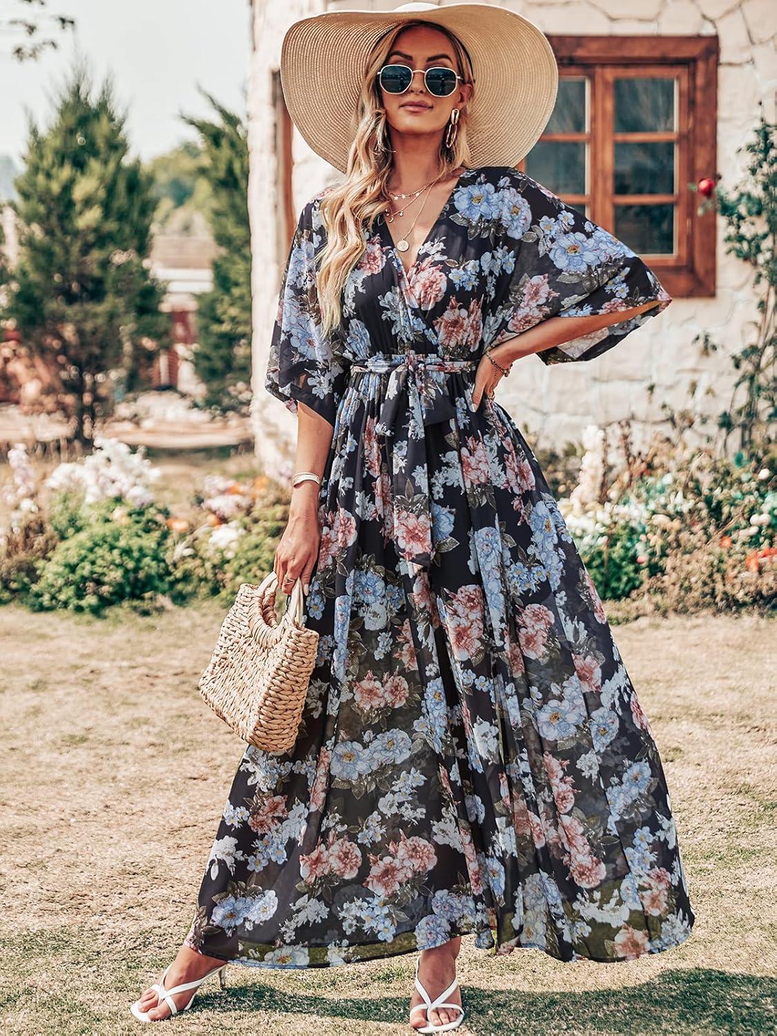 imageANRABESS Womens 12 Sleeve Beach Wedding Guest Maxi Dresses 2025 Fall Wrap V Neck Boho Floral Flowy Slit Long Summer DressesBlack Flor